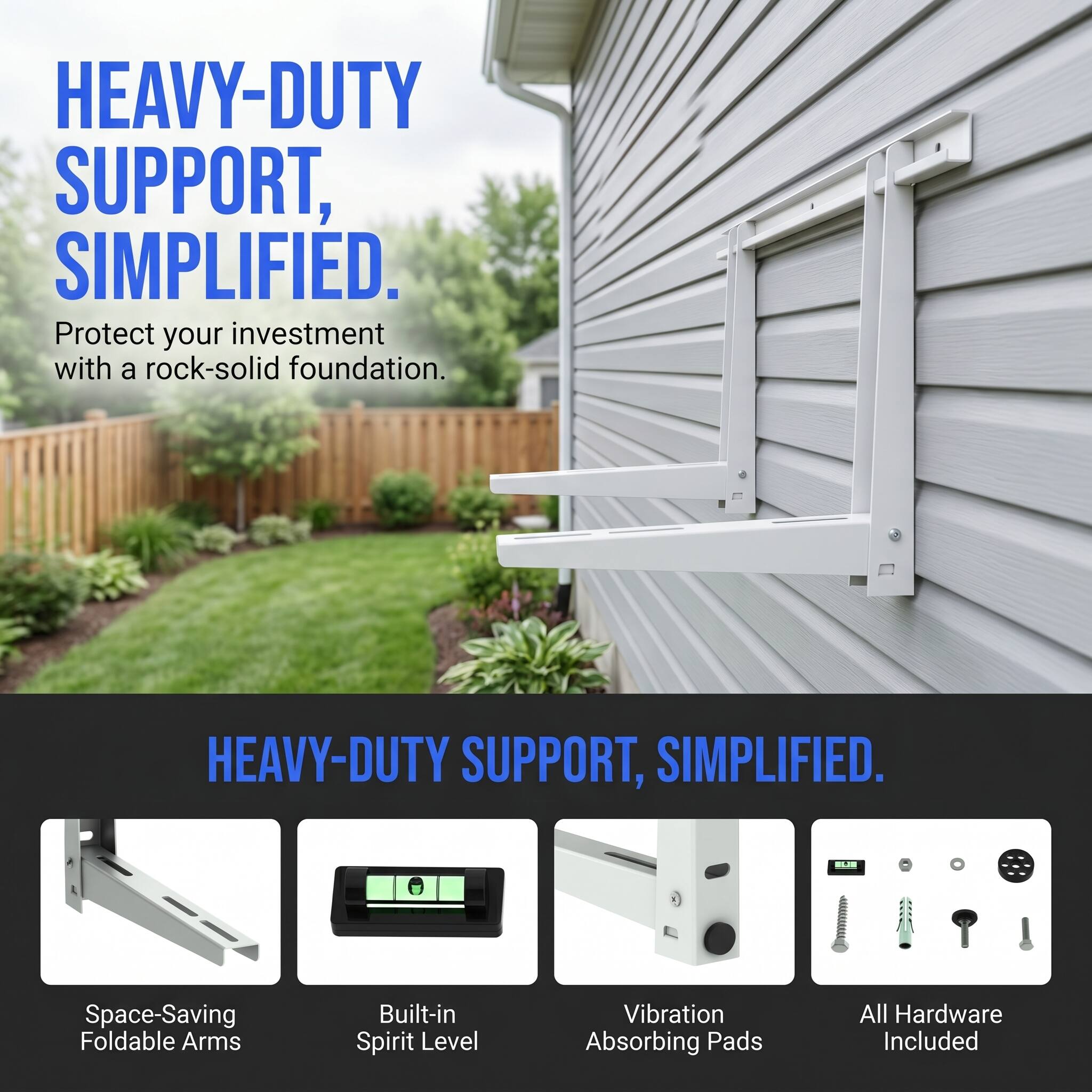 HEAVY-DUTY SUPPORT, SIMPLIFIED.  
Protect your investment with a rock-solid foundation.  

HEAVY-DUTY SUPPORT, SIMPLIFIED.  
- LS Space-Saving Foldable Arms  
- Built-in Spirit Level  
- Vibration Absorbing Pads  
- All Hardware Included