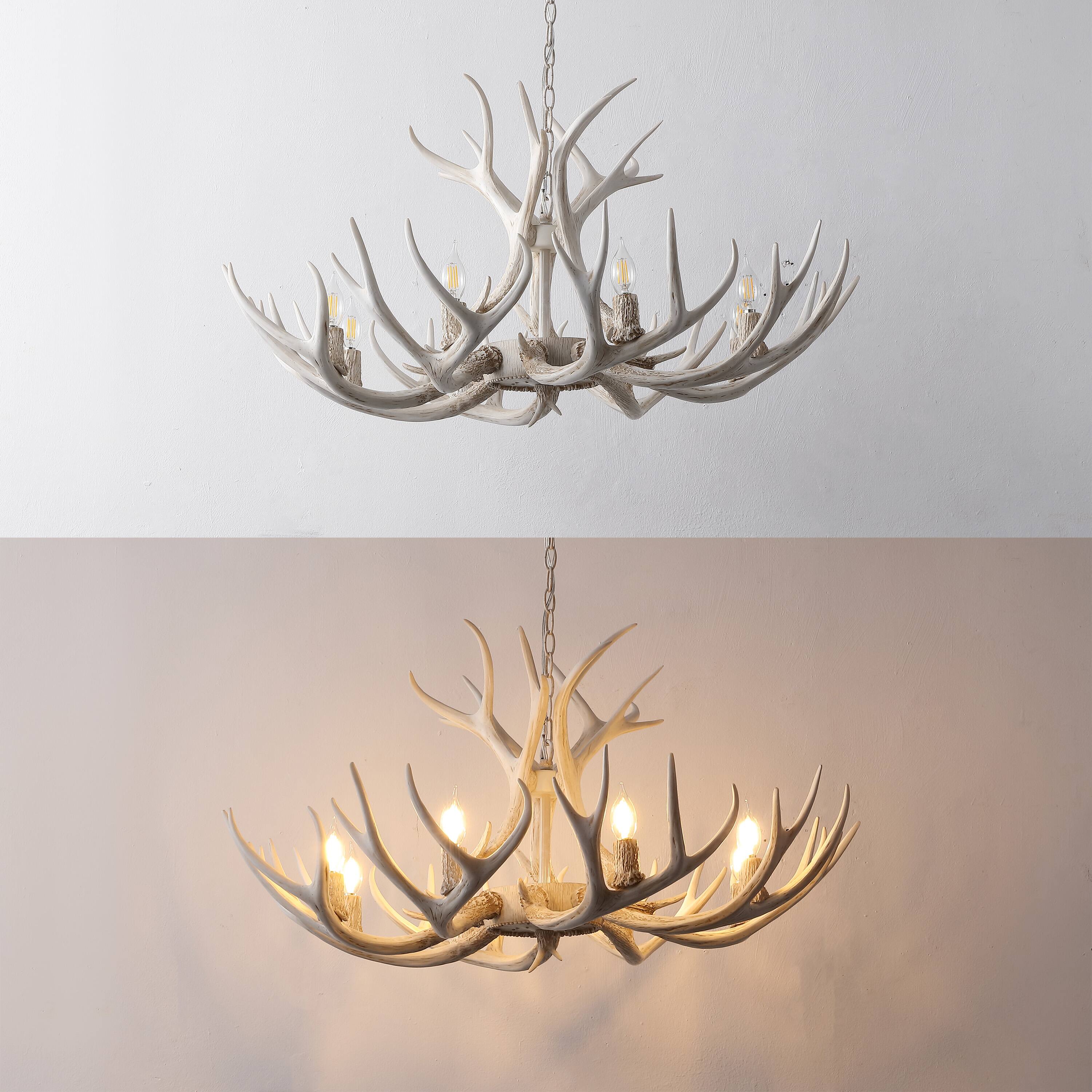 Alt View 3. Jonathan Y - Eldora 36" 8-Light Rustic Farmhouse Adjustable Resin Antler LED Chandelier, Beige - Beige.
