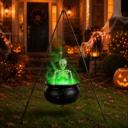FASCINATE - 52-in Lighted Witch Cauldron Tripod with Skeleton, Green LED Fog Maker and Splash Guard - Black