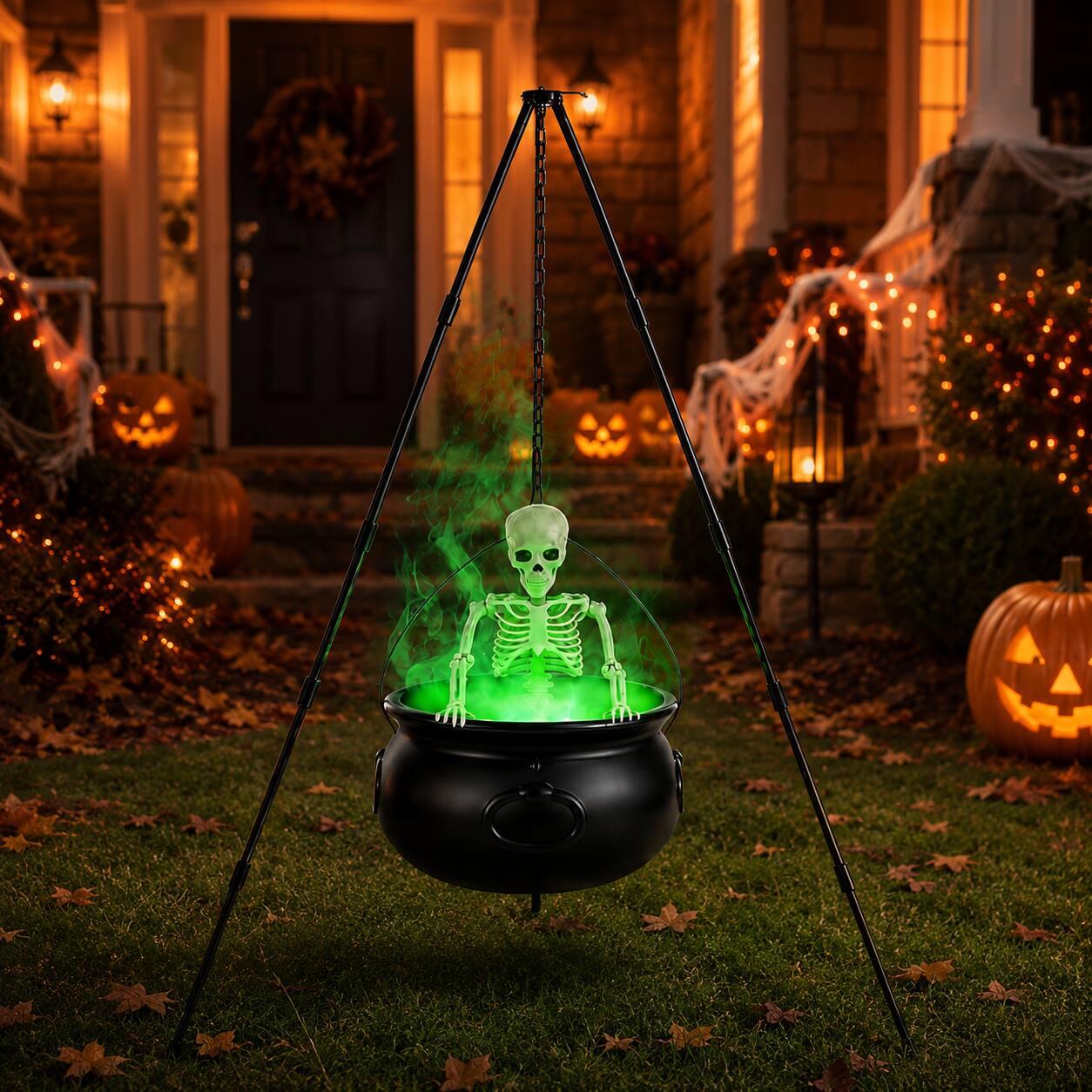 Front. FASCINATE - 52-in Lighted Witch Cauldron Tripod with Skeleton, Green LED Fog Maker and Splash Guard - Black.