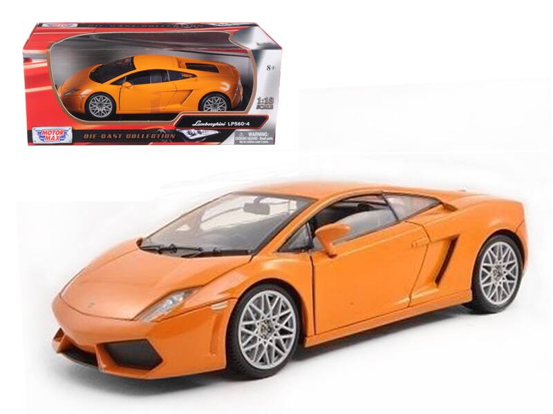 Sure, here is the corrected and grouped text from the image:

---

**Top Left:**
- MOTOR MAX

**Top Center:**
- DIE-CAST COLLECTION

**Top Right:**
- 8+
- 1:18

**Middle Right:**
- Lamborghini LP560-4

**Bottom Right:**
- WARNING: CHOKING HAZARD - Small parts. Not for children under 3 years.

---