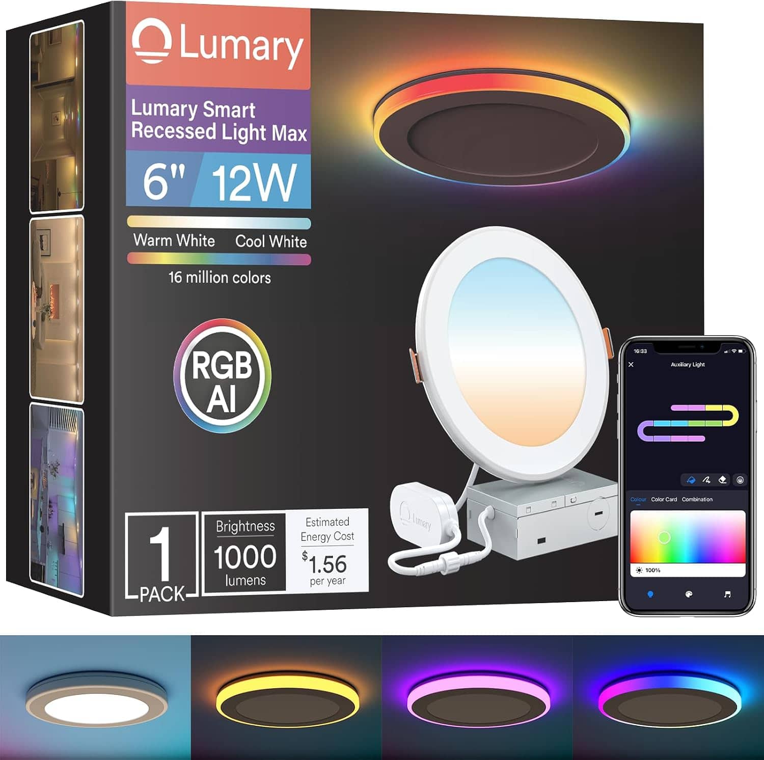 "Lumary - 6"" RGBAI Smart WiFi Recessed Lighting with Gradient Accent and Night Ring, Work with Alexa/Google Assistant/Siri 1PCS - White" price history on PriceWatchPro