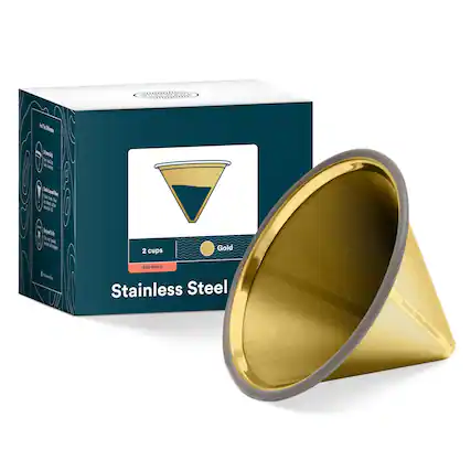 Sure, here is the corrected and grouped text from the image:
---
**For the Difference**
- **Thick Filter**
For a richer, fuller flavor
- **Double Wall**
Keeps coffee hot longer
- **Durable**
Made of high-quality stainless steel
- **Easy to Clean**
Dishwasher safe
- **Brewing**
2 cups
- **Gold**
Stainless Steel
---
**Stainless Steel**