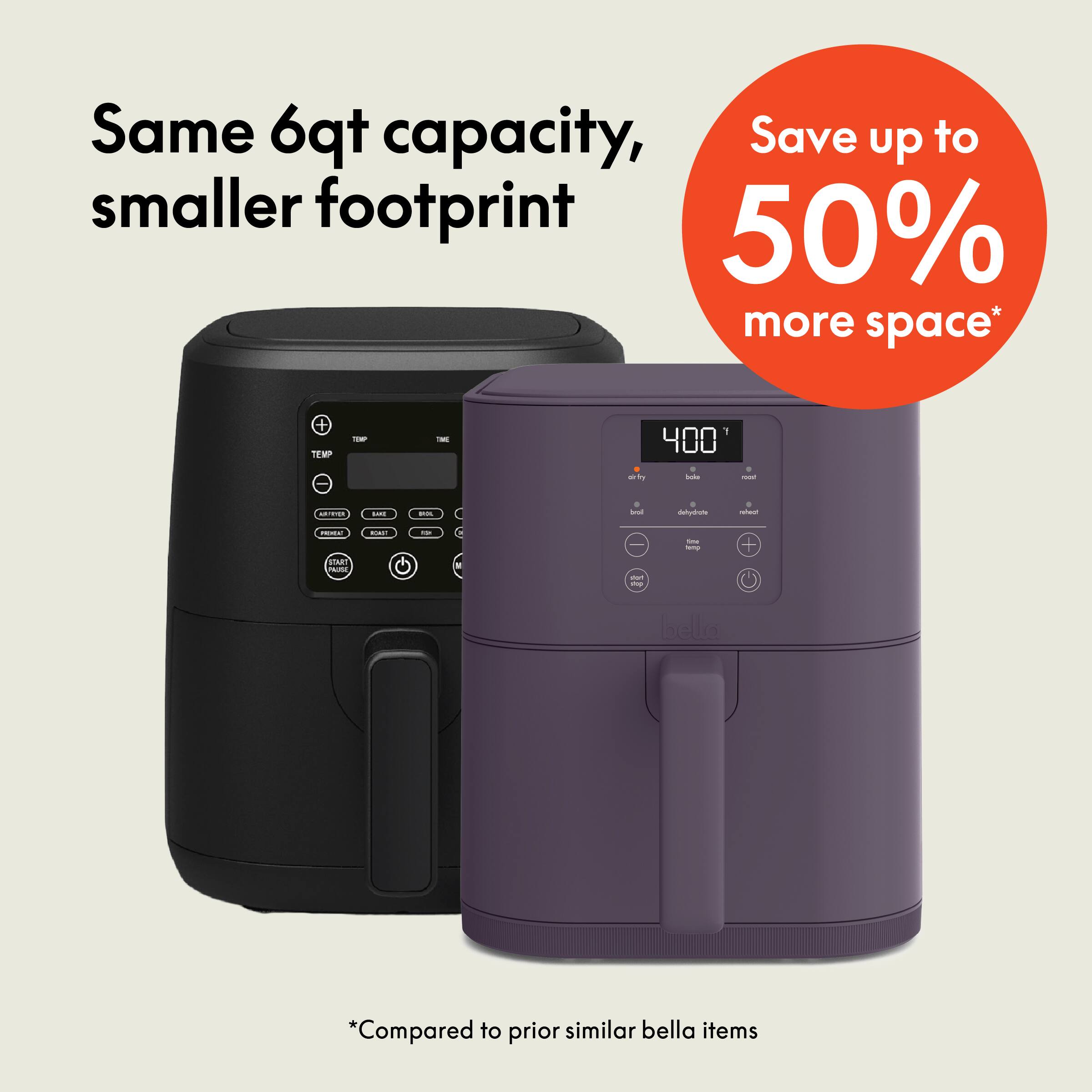Same 6qt capacity, smaller footprint, Save up to 50% more space* + T - i - 1 400 - - t - + -  i - + 1 + datydrata +  - - - - I - TART / - - bello *Compared to prior similar bella items