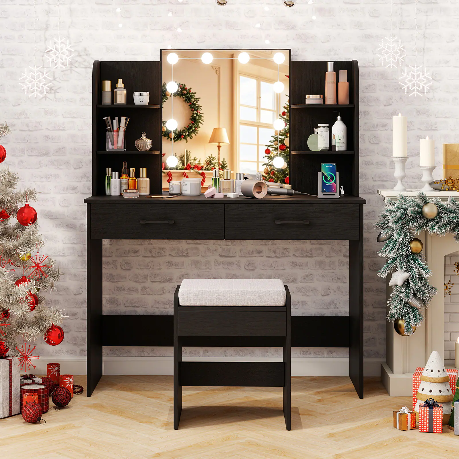 Angle. SlickBlue - Vanity Set with Lighted Mirror, Comfortable Stool, and Power Outlet - Black.
