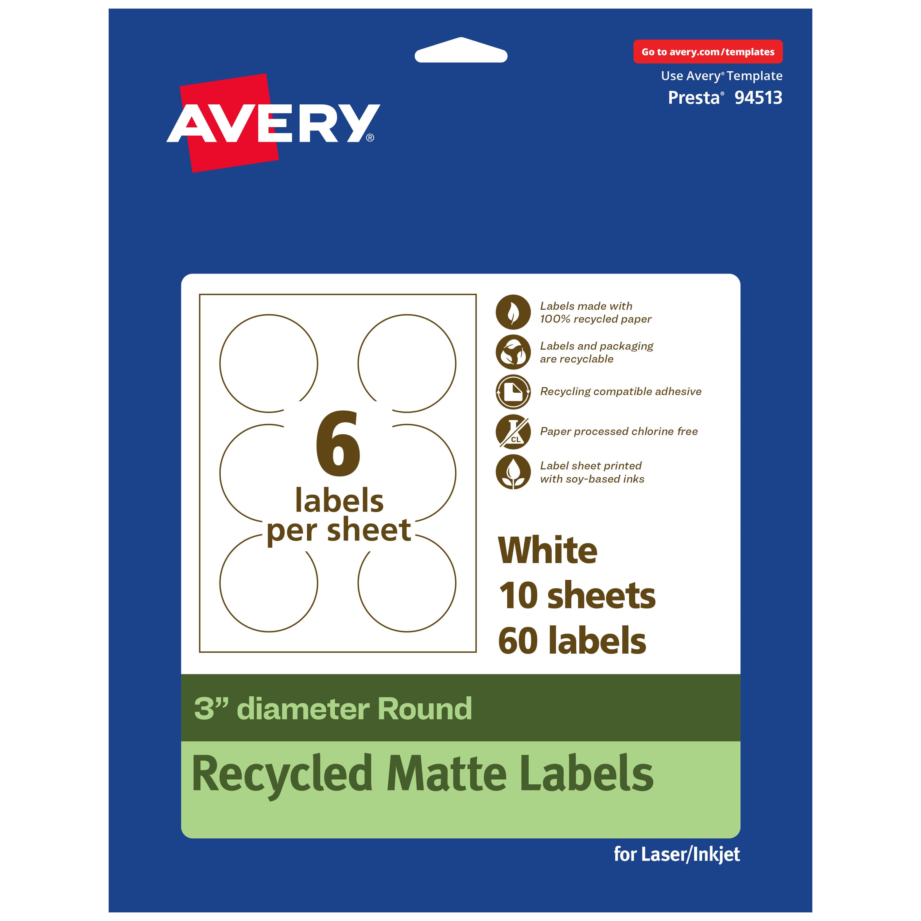 Avery - EcoFriendly Round Labels, 3" diameter, 60ct - White