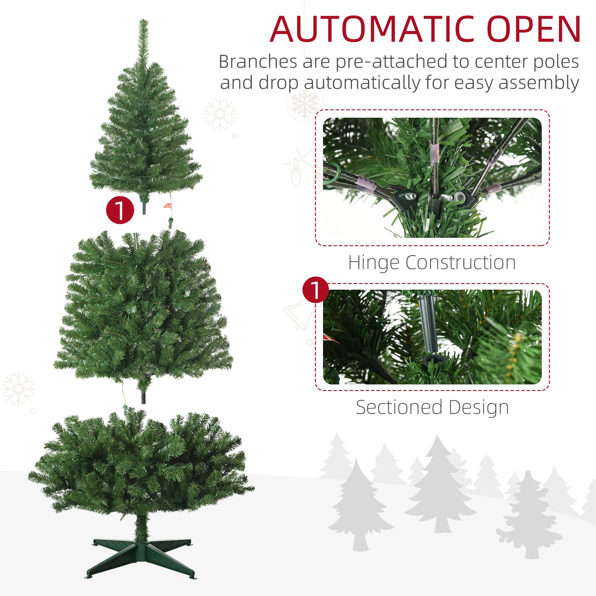 The text in the image can be grouped and corrected as follows:

**Automatic Open**
- Branches are pre-attached to center poles and drop automatically for easy assembly.

**Hinge Construction**
- Sectioned Design

This indicates that the tree branches are designed to drop into place easily, with a hinge construction and a sectioned design for simple assembly.