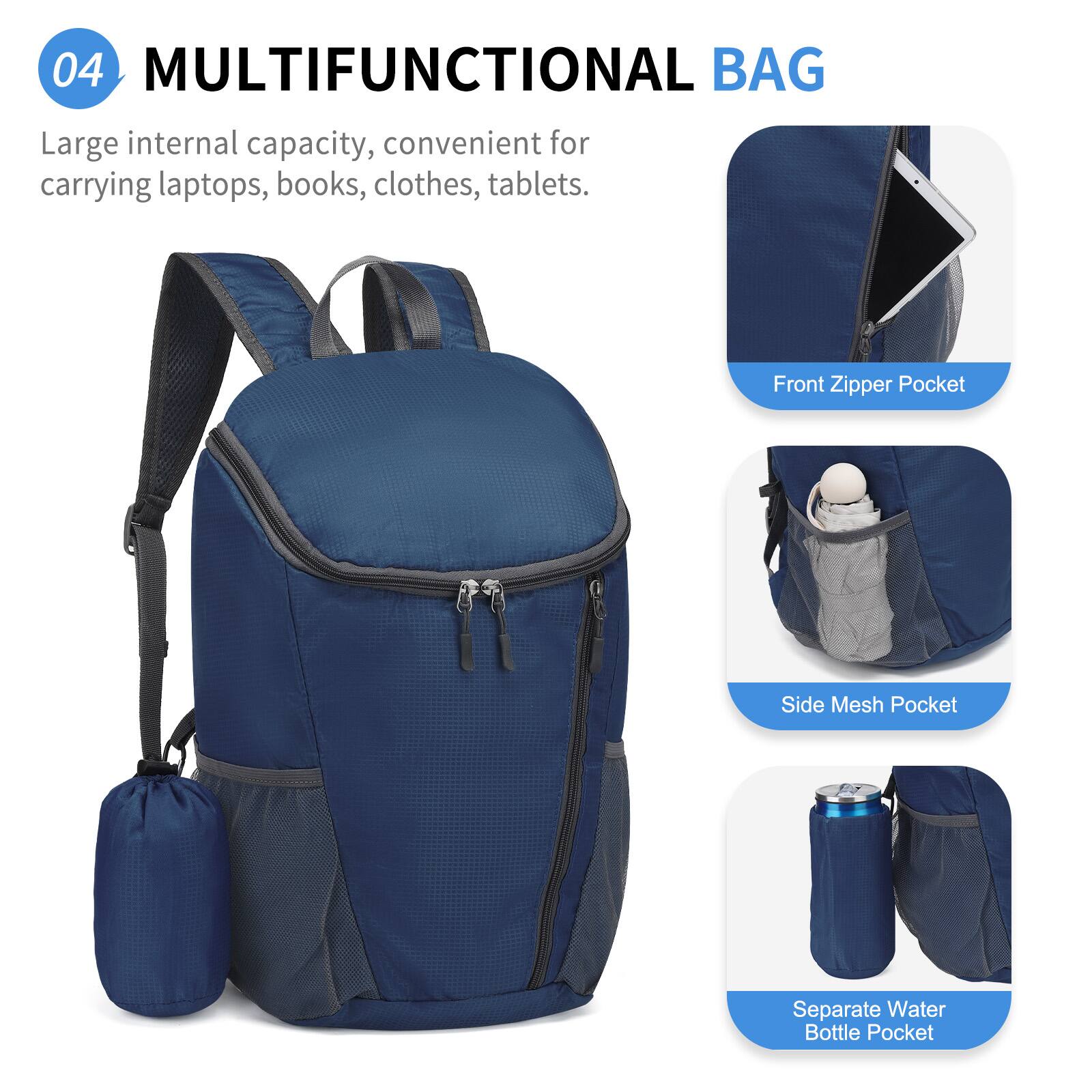 04 MULTIFUNCTIONAL BAG

Large internal capacity, convenient for carrying laptops, books, clothes, tablets.

- Front Zipper Pocket
- Side Mesh Pocket
- Separate Water Bottle Pocket