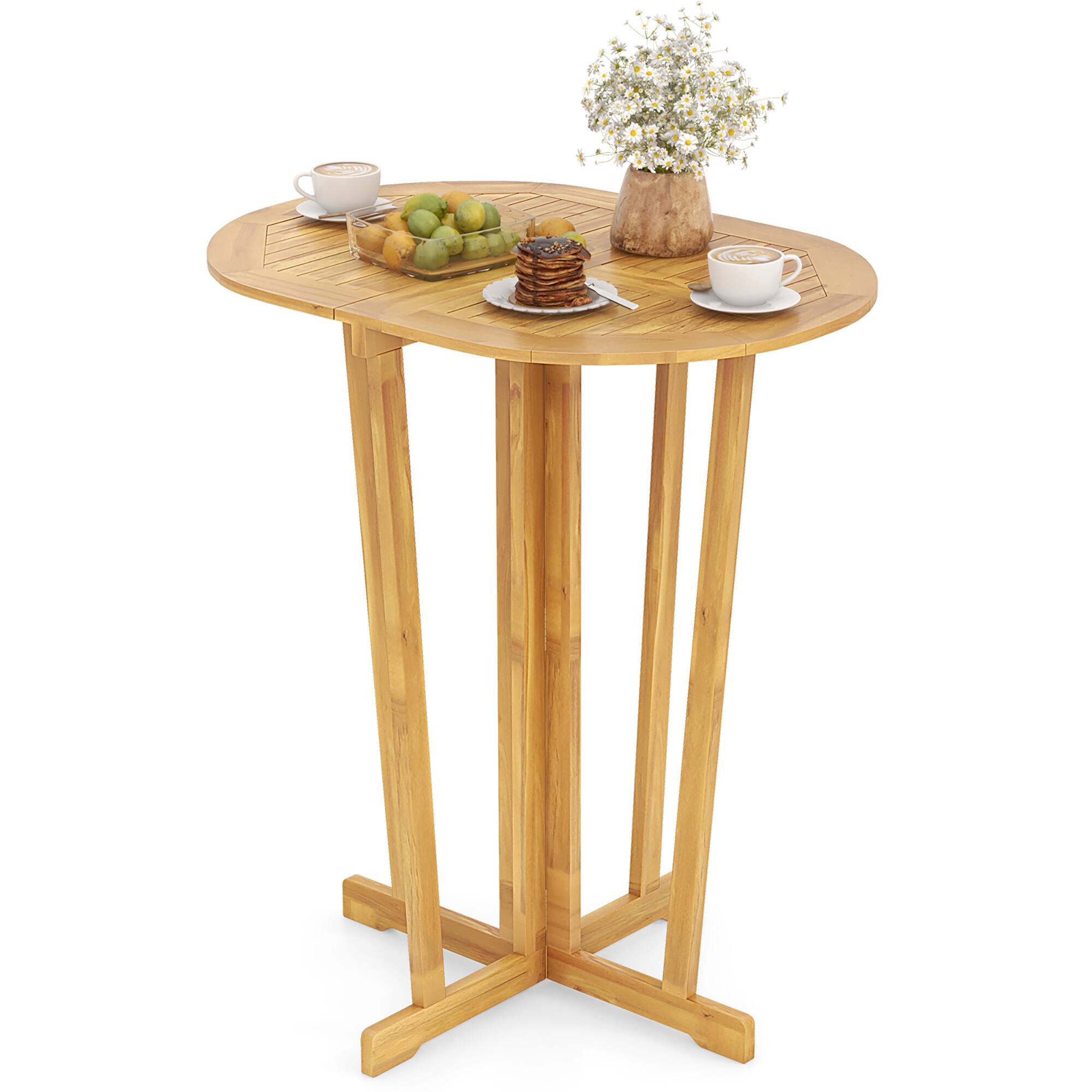 Front. Gymax - Gymax Outdoor Folding Bar Table w/ Oval Tabletop & Cross Base for Patio Natural - Natural.