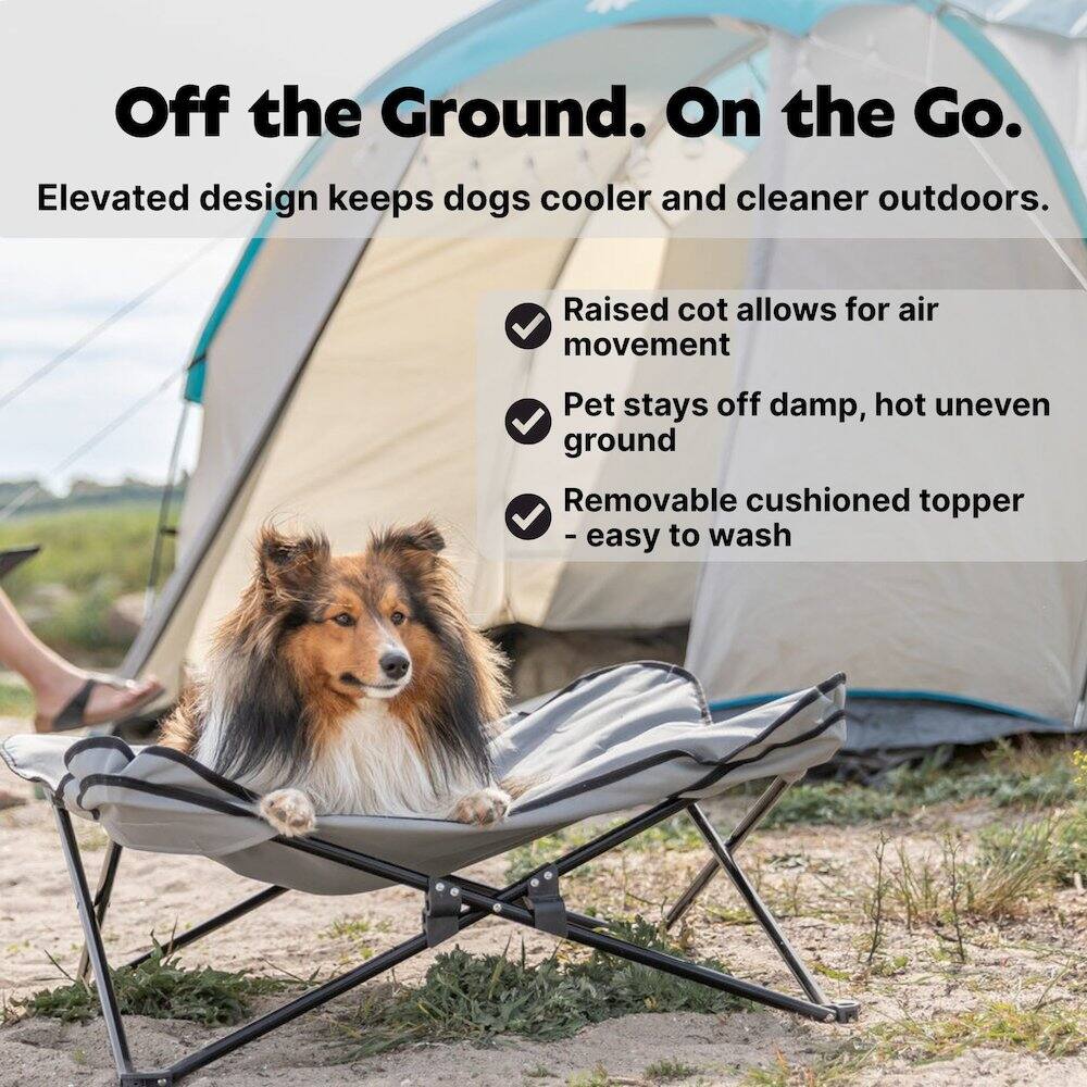 Off the Ground. On the Go.

Elevated design keeps dogs cooler and cleaner outdoors.

- Raised cot allows for air movement
- Pet stays off damp, hot uneven ground
- Removable cushioned topper - easy to wash