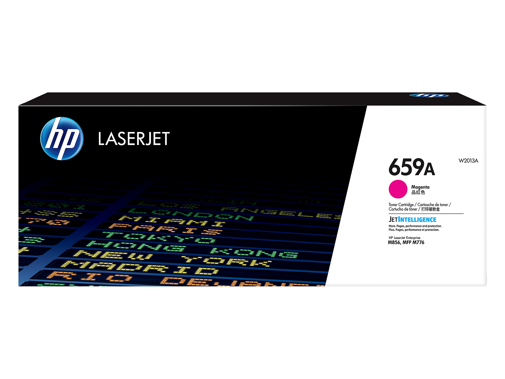 hp LASERJET  
659A Magenta  
W2013A  

Toner Cartridge / Cartouche de toner / Cartucho de toner / 打印機粉盒  

JET INTELLIGENCE  
More Pages, performance and protection.  
HP LaserJet Enterprise M856, MFP M776