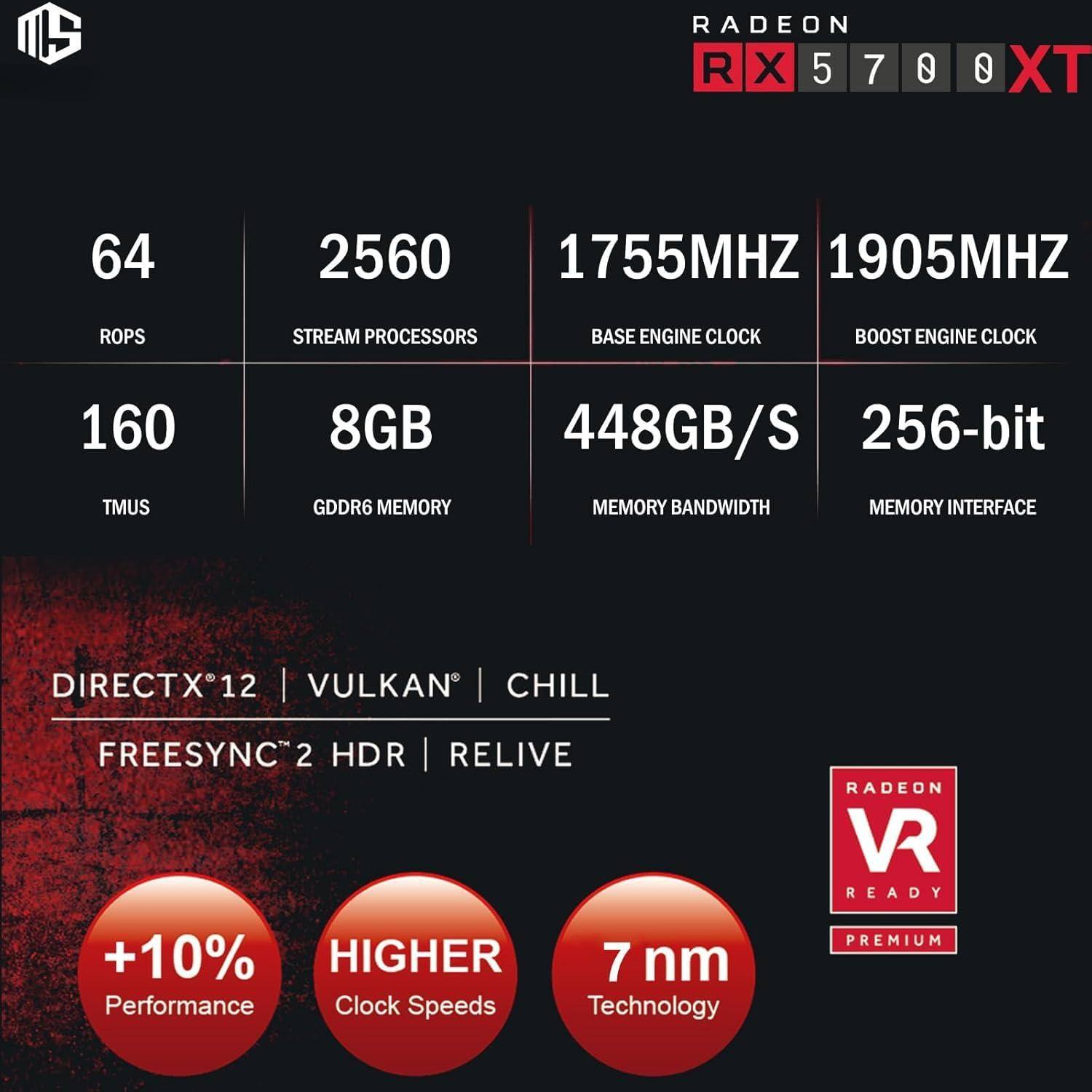 RADEON RX 5700 XT

- ROPS: 64
- STREAM PROCESSORS: 2560
- TMUS: 160
- GDDR6 MEMORY: 8GB
- BASE ENGINE CLOCK: 1755MHz
- BOOST ENGINE CLOCK: 1905MHz
- MEMORY BANDWIDTH: 448GB/S
- MEMORY INTERFACE: 256-bit

- DIRECTX 12
- VULKAN
- CHILL
- FREESYNC 2 HDR
- RELIVE

- +10% Performance
- HIGHER Clock Speeds
- 7 nm Technology

- RADEON VR READY
- PREMIUM