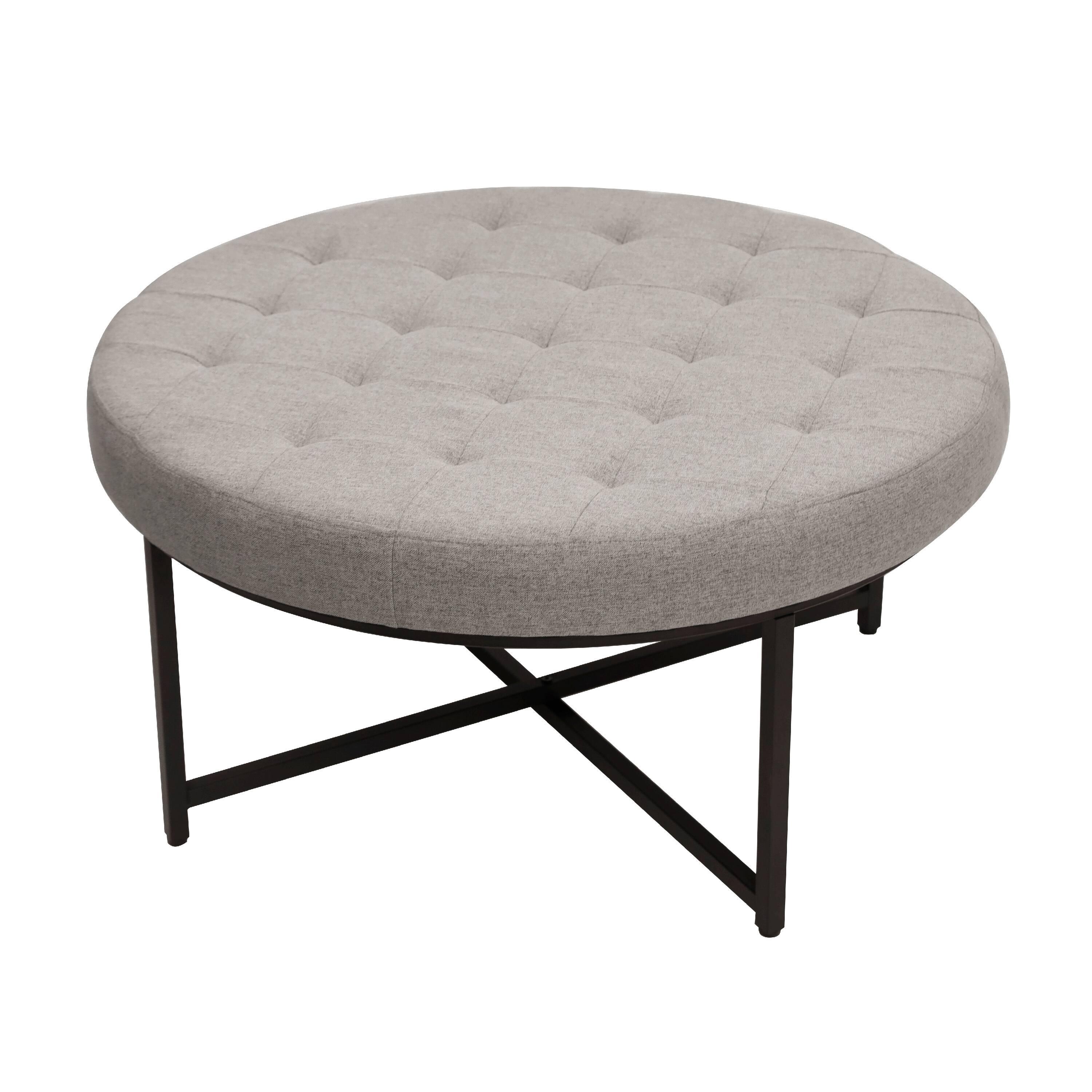 Alt View 1. Emma + Oliver - Aranda 34 in. Cotton Linen Round Ottoman with Tufted Design and Sturdy Iron Frame - Gray.