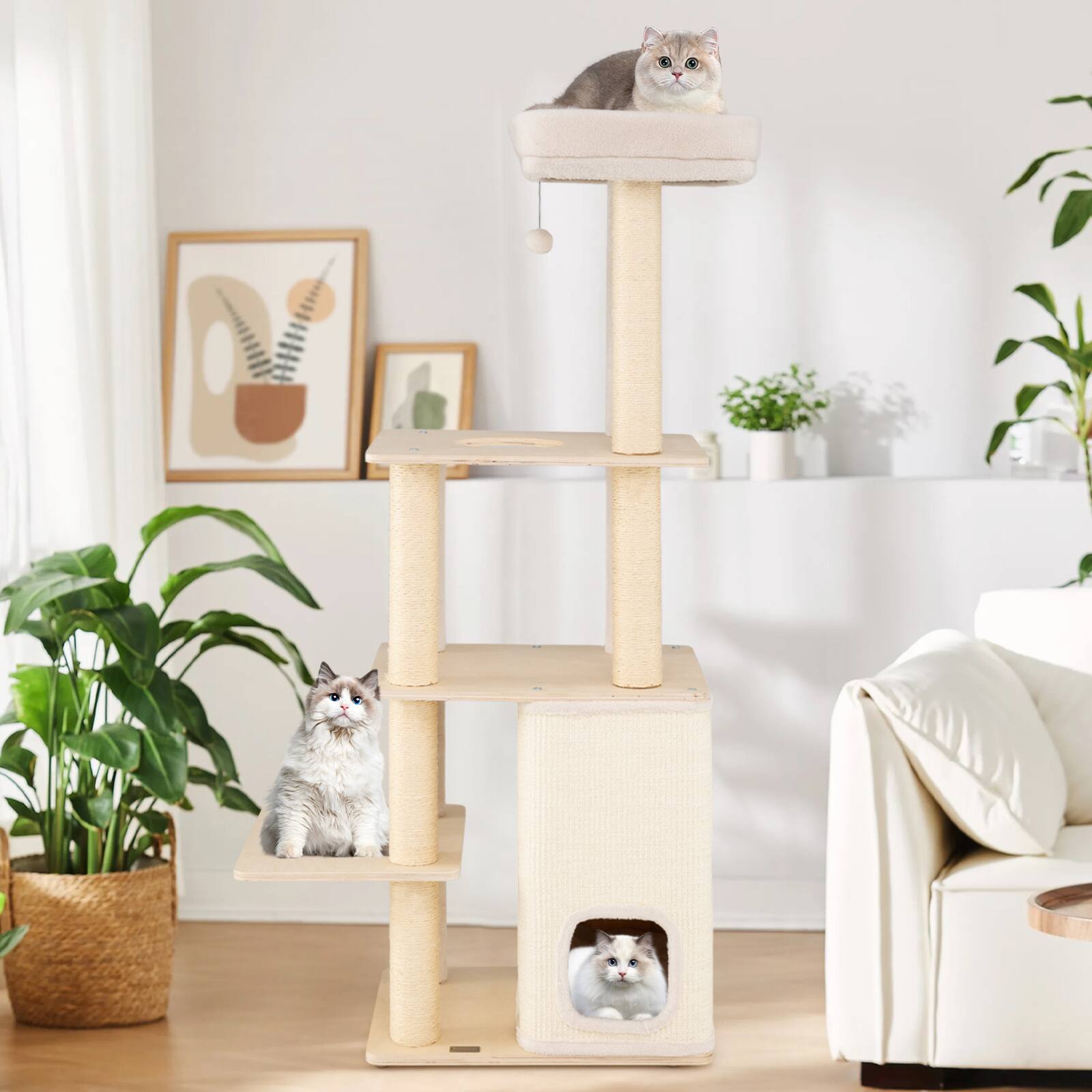 Alt View 3. Gymax - Gymax 63'' Tall Wooden Cat Tree w/2-Story Condo Plush Padded Top Perch Dangling Ball.