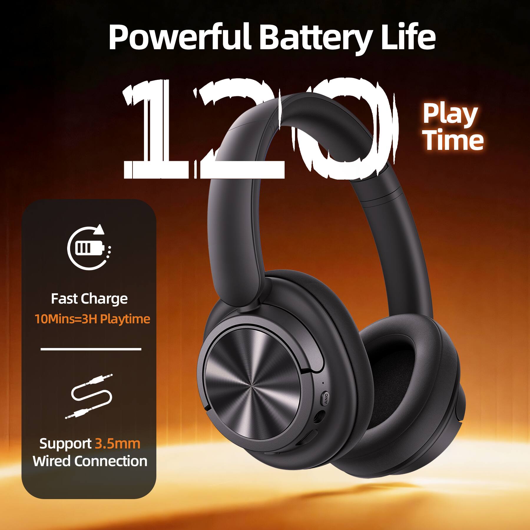 Powerful Battery Life 120 Play Time  
Fast Charge 10Mins=3H Playtime  
Support 3.5mm Wired Connection