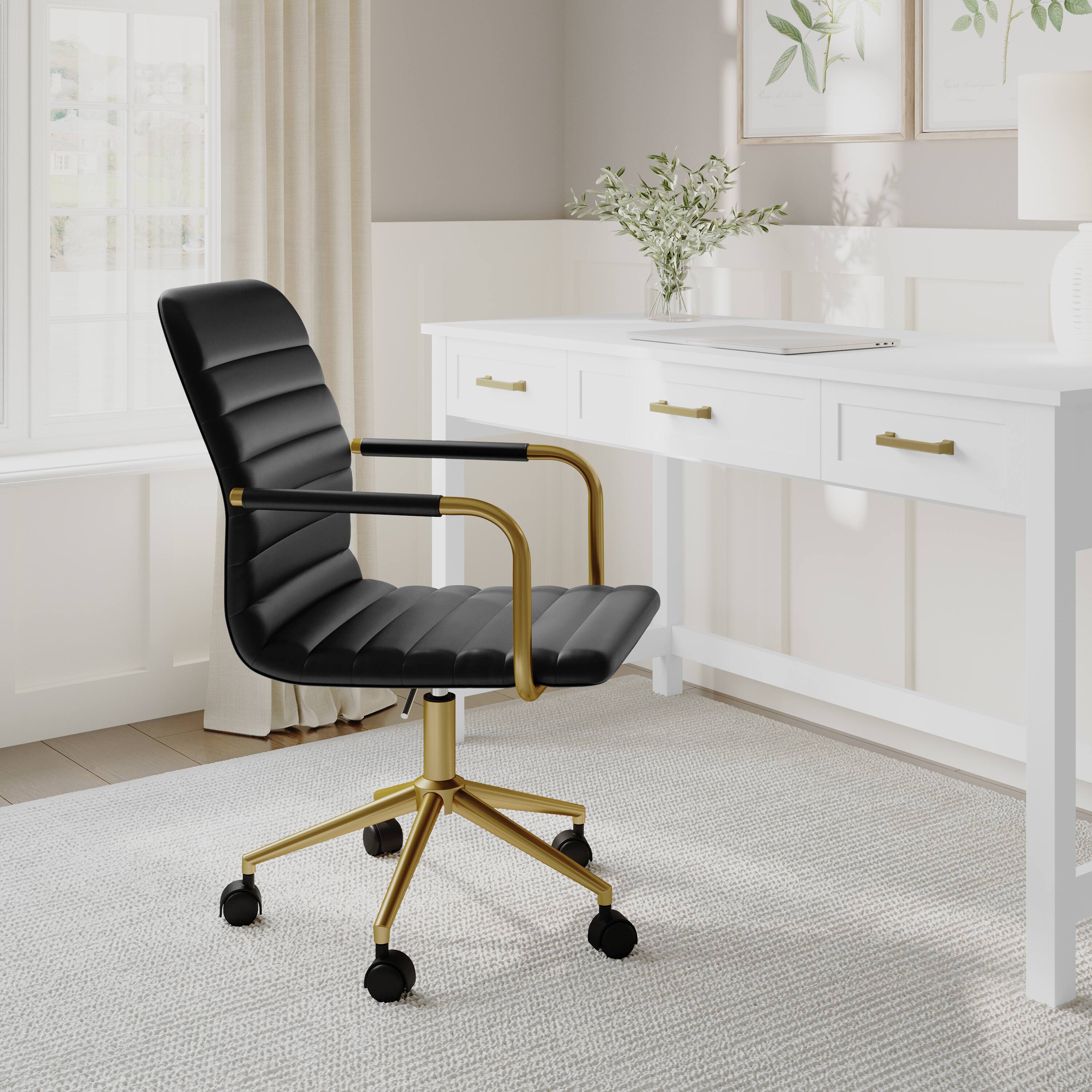 Alt View 1. Martha Stewart - Taytum Upholstered Swivel Home Office Chair with Integrated Armrests - Black Faux Leather/Polished Brass Frame.