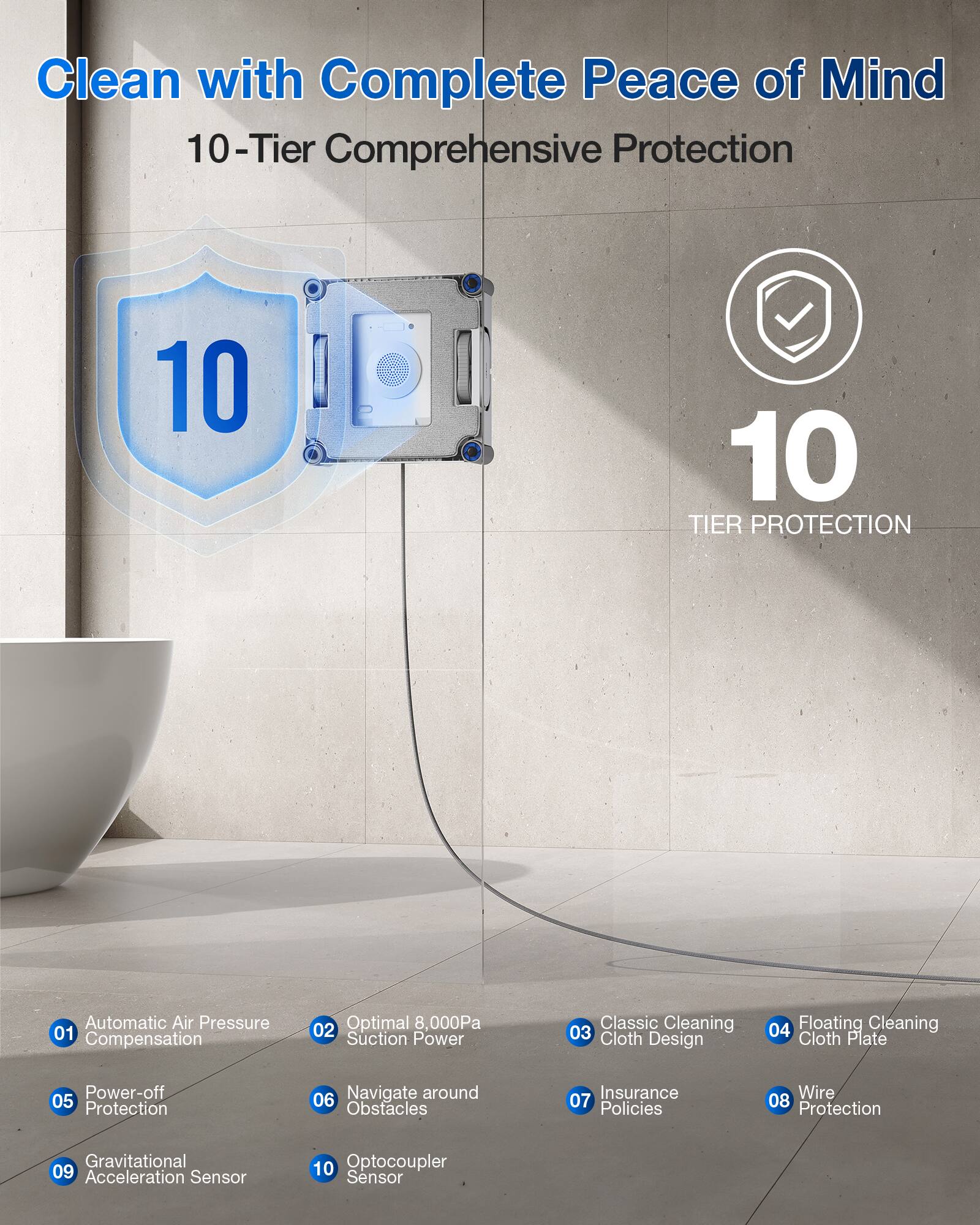 Clean with Complete Peace of Mind  
10-Tier Comprehensive Protection  

1. Automatic Air Pressure Compensation  
2. Optimal 8,000Pa Suction Power  
3. Classic Cleaning Cloth Design  
4. Floating Cleaning Cloth Plate  
5. Power-off Protection  
6. Navigate around Obstacles  
7. Insurance Policies  
8. Wire Protection  
9. Gravitational Acceleration Sensor  
10. Optocoupler Sensor