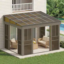 U-HOMY - Brown Wall-Mounted Solarium Sunroom Kit with Sliding Doors and Adjustable Polycarbonate Windows - 10'x12'
