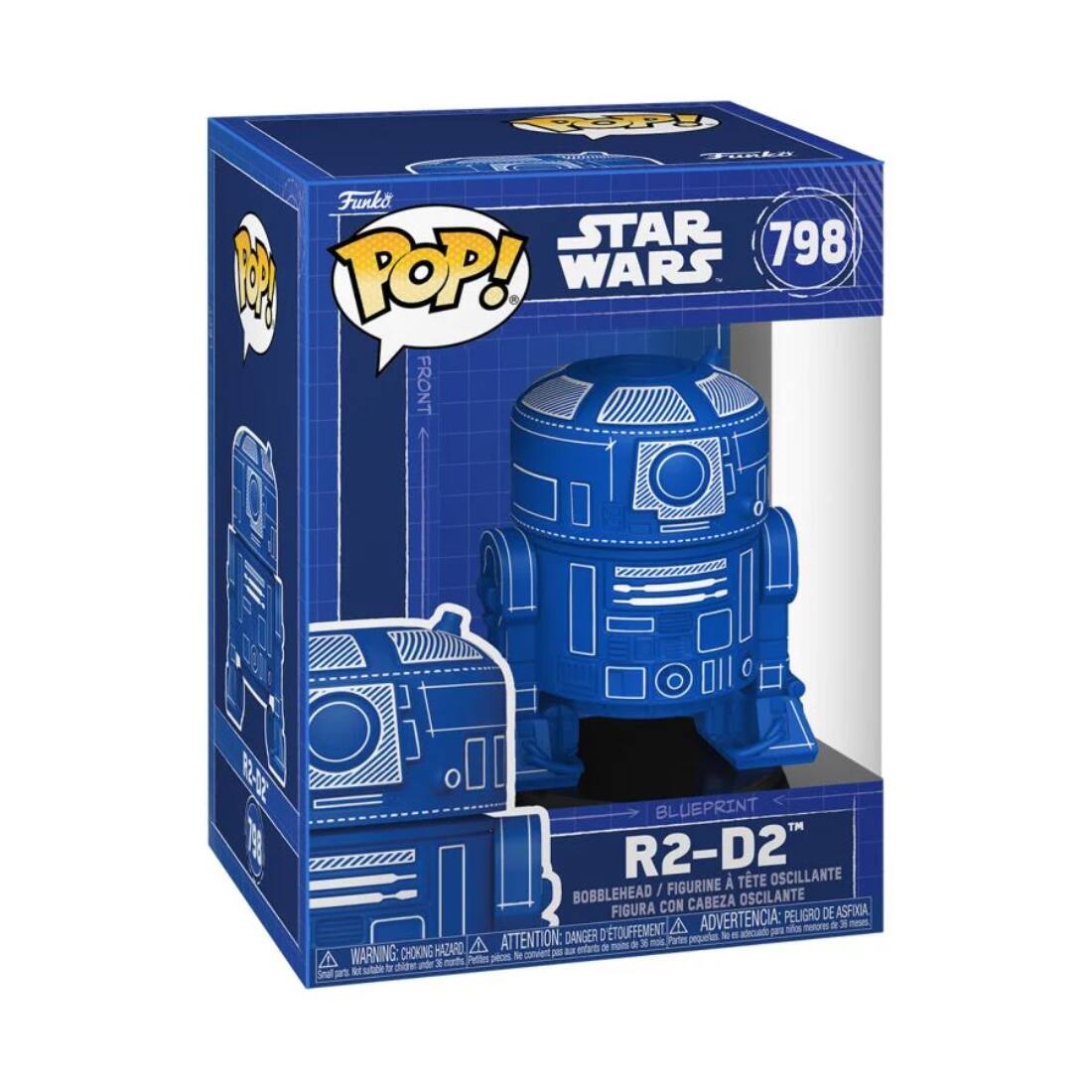 Sure, here is the corrected and grouped text from the image:

---

**Funko POP!**

**STAR WARS**

**798**

**BLUEPRINT**

**R2-D2™**

**BOBBLEHEAD / FIGURINE À TÊTE OSCILLANTE**

**FIGURA CON CABEZA OSCILANTE**

**ADVERTENCIA: PELIGRO DE ASFIXIA**

**ATTENTION: DANGER D'ÉTOUFFEMENT**

**WARNING: CHOKING HAZARD - Small parts. Not for children under 3 years.**

---

This text is organized as it appears on the packaging.