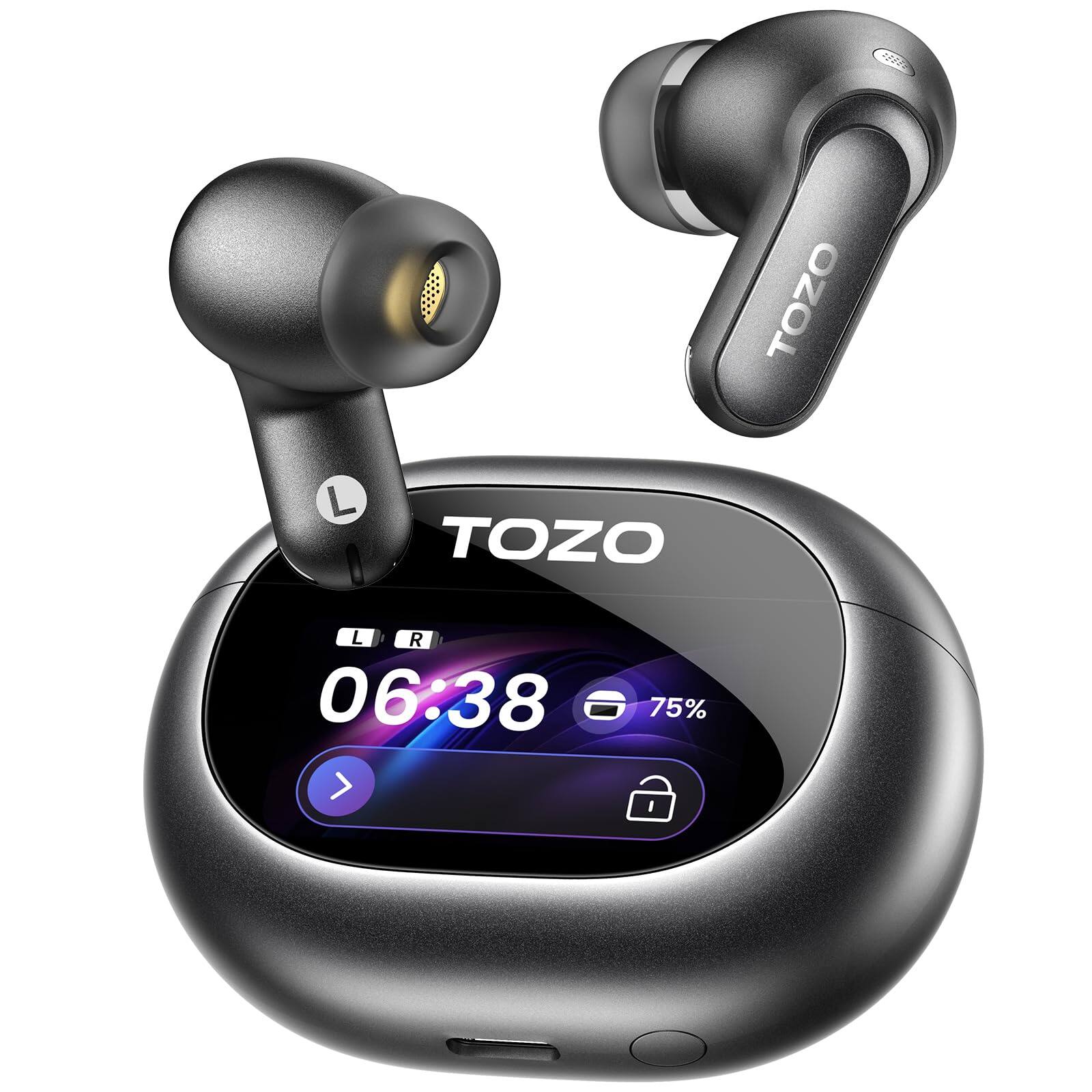 TOZO - NC20 Pro ANC Earbuds – Touch Screen, LDAC Hi-Res, 6-Mic AI Calls, 80H Playtime, IPX8, Wireless Charge - Black