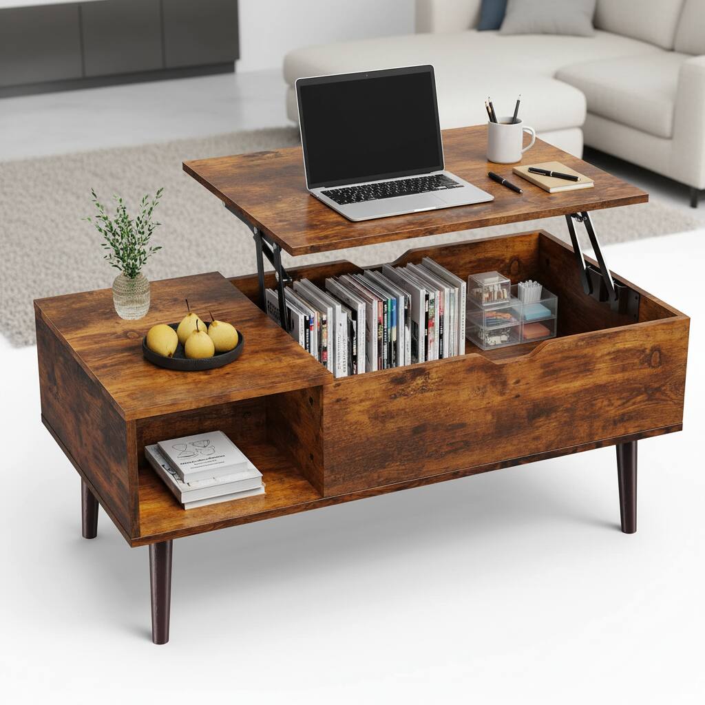 Alt View 5. AOITUN - Wood Lift Top Coffee Table with Hidden Storage, Rustic Brown Oak Finish, 48 Inch - brown.