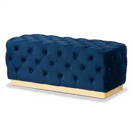 Baxton Studio - Corrine Glam and Luxe Velvet Fabric Upholstered and Gold PU Leather Ottoman - Navy blue/gold