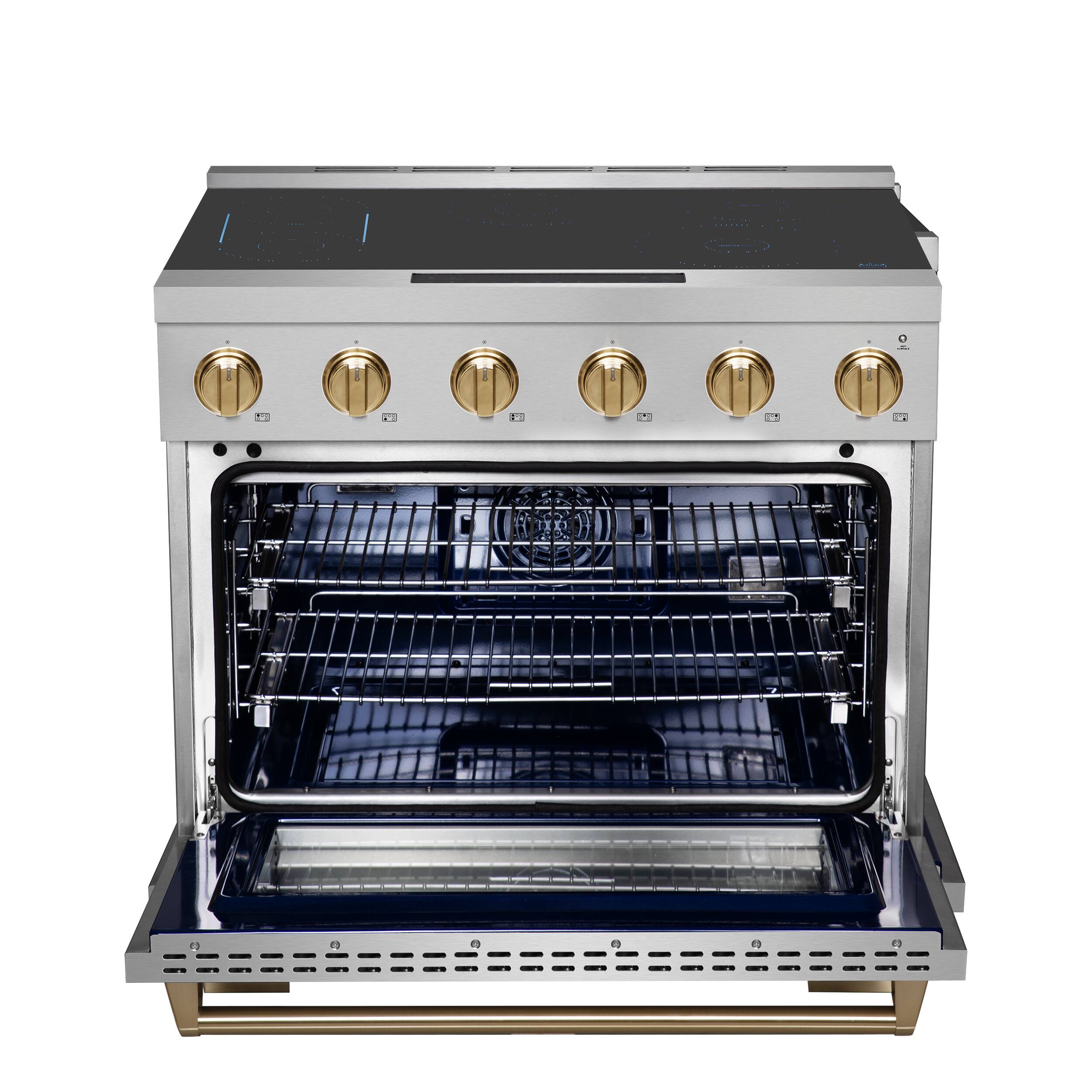 Back. Kucht - 36 Inch Induction Range in Stainless Steel with Gold accents with 5 Elements and Bridge Zone - Stainless Steel with Gold.