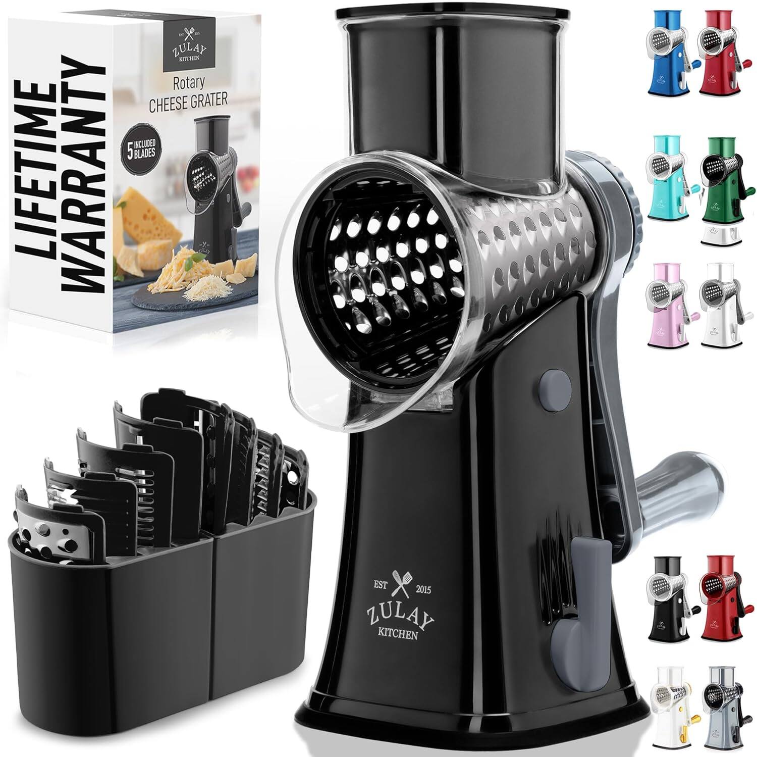 LIFETIME WARRANTY  
ZULAY KITCHEN Rotary CHEESE GRATER  
5 BLADES  
EST 2015