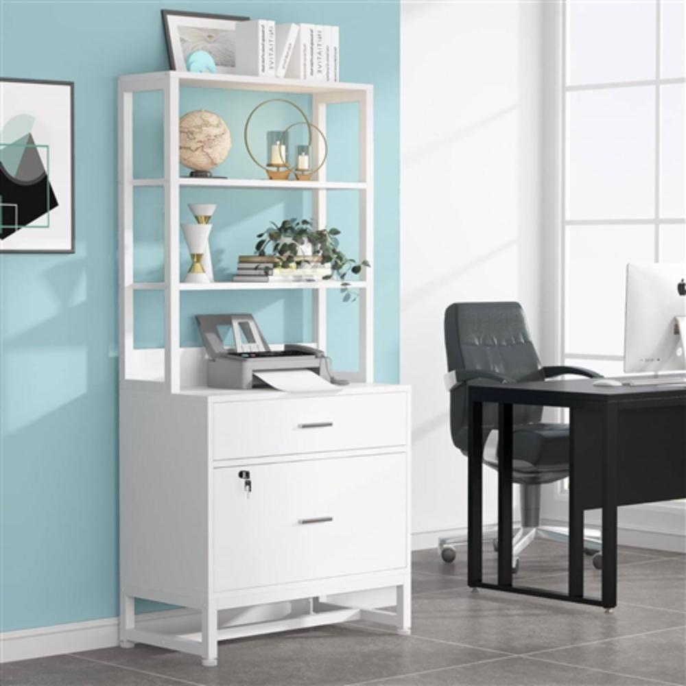 Angle. Hivvago - Home Office Lockable 2 Drawer Filing Cabinet Bookshelf in White Wood Finish - White.