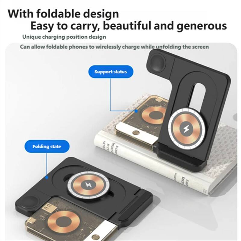 With foldable design  
Easy to carry, beautiful and generous  

Unique charging position design  
Can allow foldable phones to wirelessly charge while unfolding the screen  

Support status  
Folding state