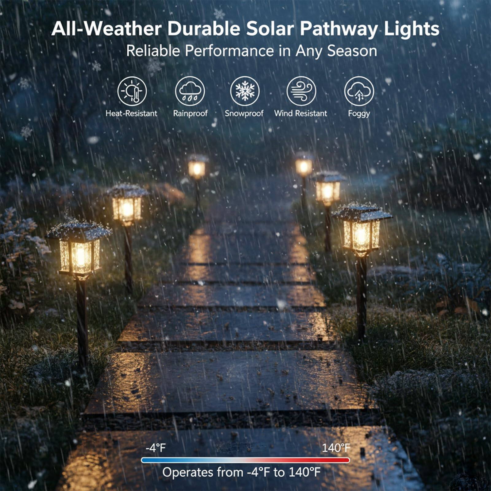 All-Weather Durable Solar Pathway Lights  
Reliable Performance in Any Season  

Heat-Resistant  
Rainproof  
Snowproof  
Wind Resistant  
Foggy  

Operates from -4°F to 140°F