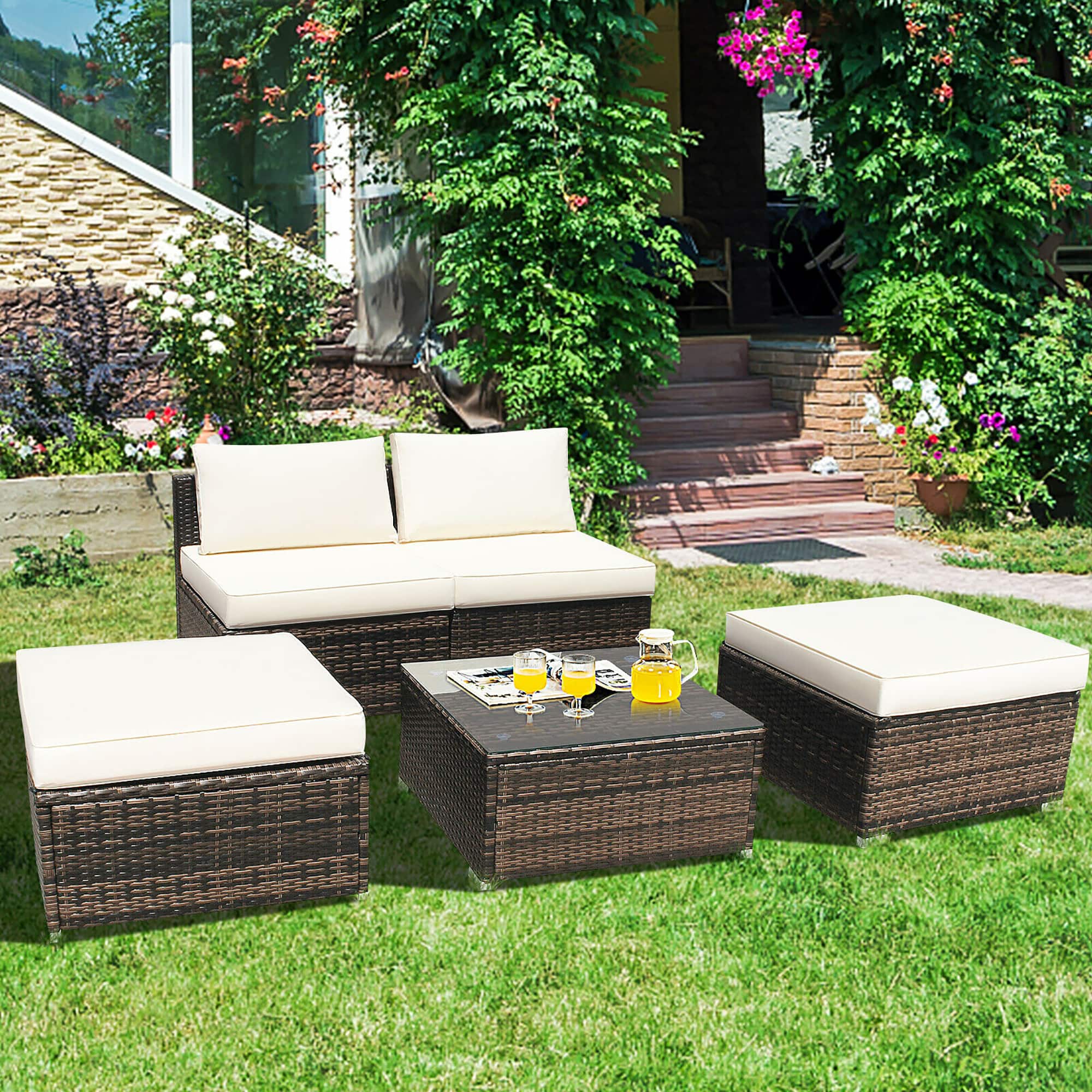 Alt View 7. Costway - 5PCS Patio Rattan Wicker Furniture Set Armless Sofa Ottoman Cushioned Garden - Mixed Brown/White.