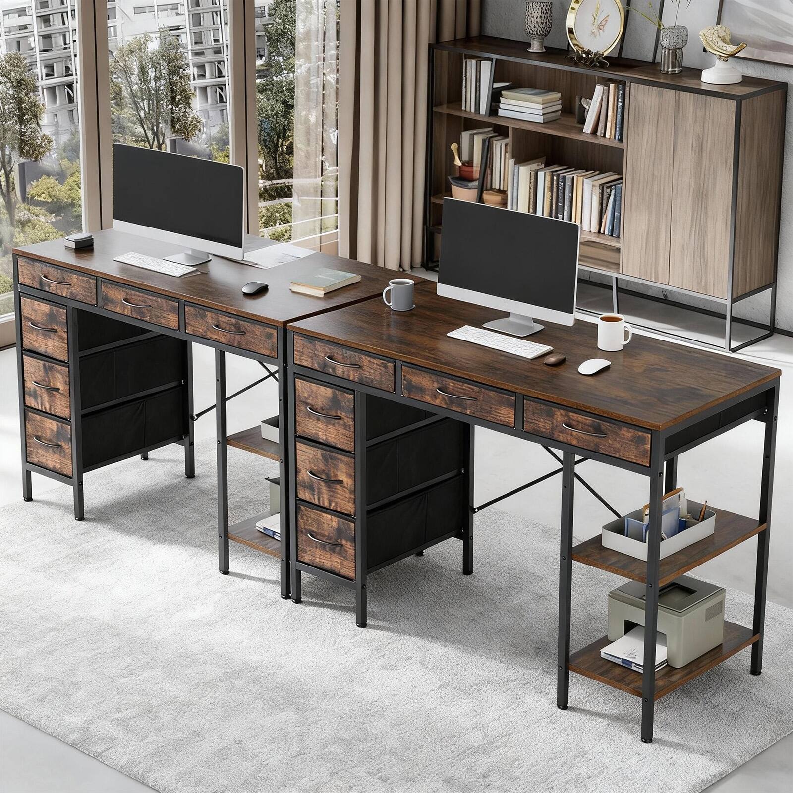 Alt View 2. Bestier - 55-inch Computer Desk with 6 Fabric Drawers, Adjustable Storage Shelf,Metal Desk for Home Office & Gaming - brown.
