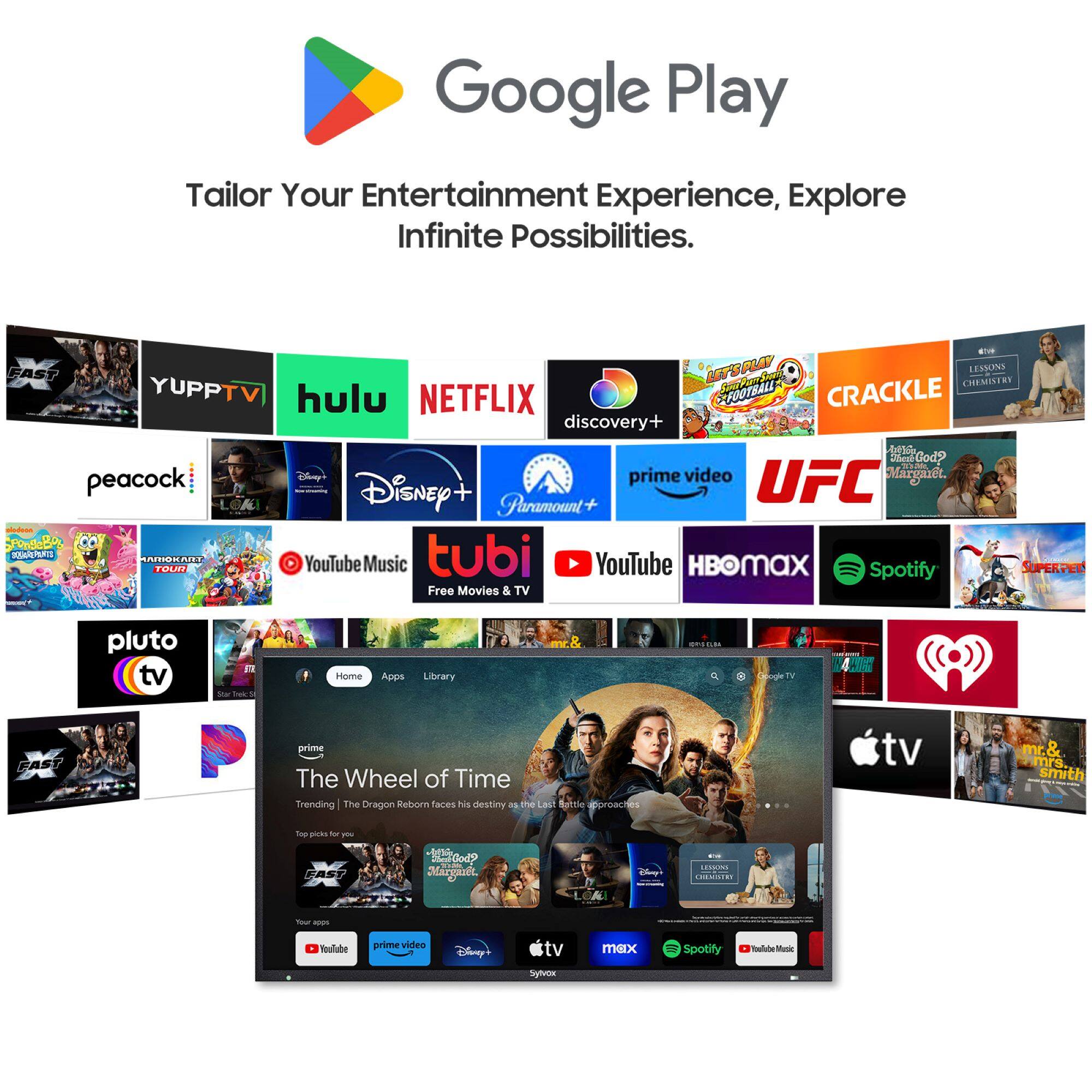 Google Play  
Tailor Your Entertainment Experience, Explore Infinite Possibilities.

- YUPPTV
- Hulu
- Netflix
- Discovery+
- Crackle
- Peacock
- Disney+
- Paramount+
- Prime Video
- UFC
- YouTube Music
- Tubi
- Pluto TV
- YouTube
- Spotify
- HBO Max
- Apple TV
- SuperPet
- Free Movies & TV
- Home
- Apps
- Library
- The Wheel of Time
- The Dragon Reborn faces his destiny
- Lessons in Chemistry
- Margaret
- Mr. & Mrs. Smith
- The Wheel of Time
- Disney+
- Prime Video
- YouTube Music
- Spotify
- Apple TV
- Tubi
- Pluto TV
- HBO Max
- Hulu
- Peacock
- Paramount+
- Discovery+
- Crackle
- UFC
- Netflix
- YUPPTV
- YouTube
- Spotify
- SuperPet
- Free Movies & TV
- Home
- Apps
- Library