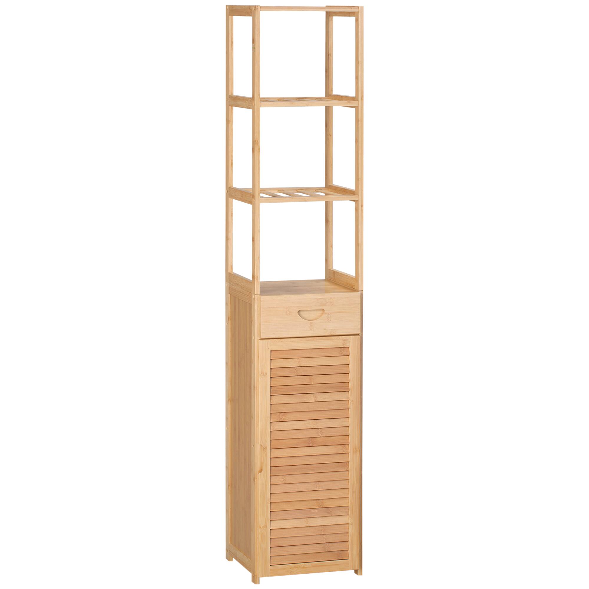 Kleankin - Tall Bathroom Cabinet with Drawer and Slatted Shelves, Slim Bamboo Linen Tower with Louvered Door - Natural wood finish