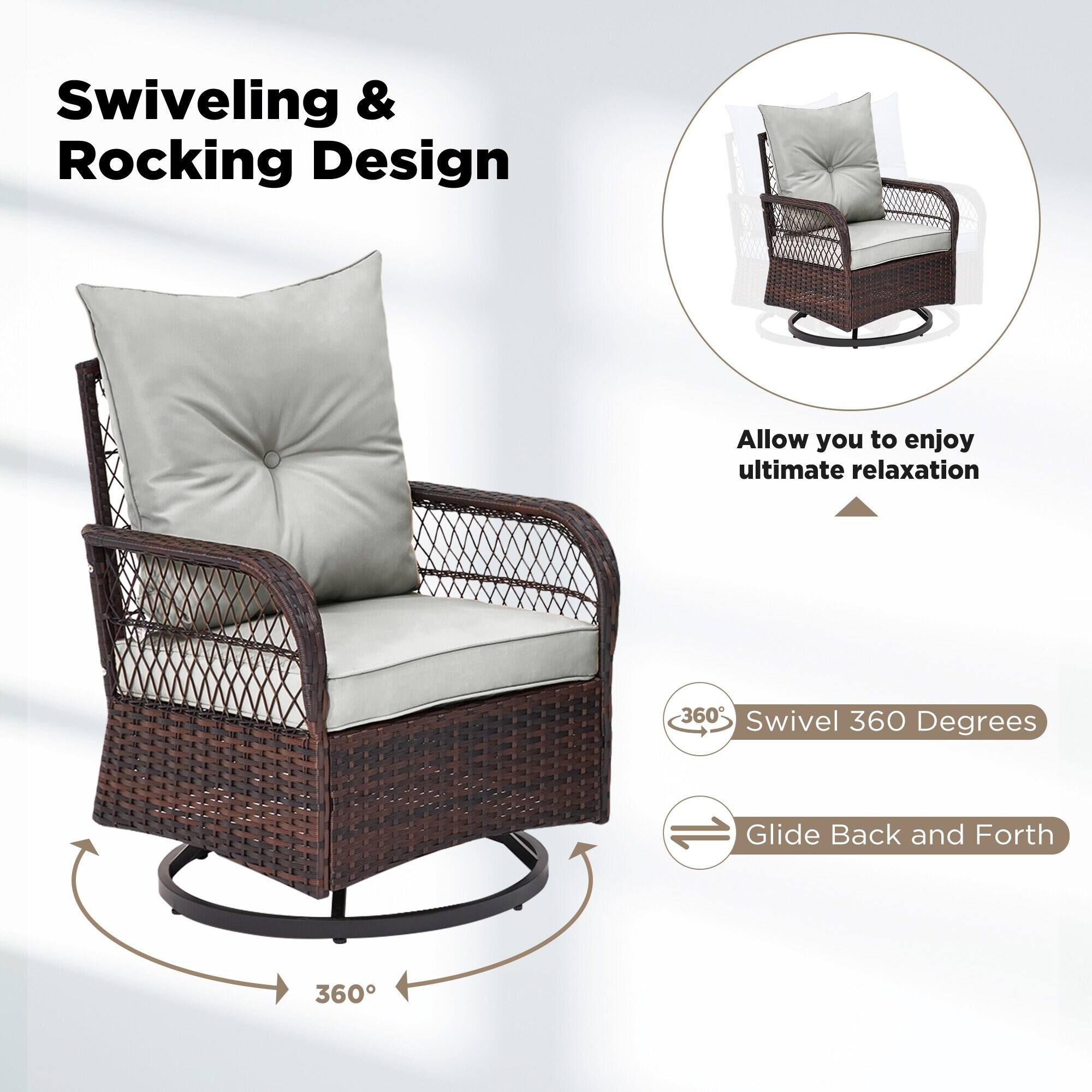 Swiveling & Rocking Design

Allow you to enjoy ultimate relaxation

360° Swivel 360 Degrees

Glide Back and Forth