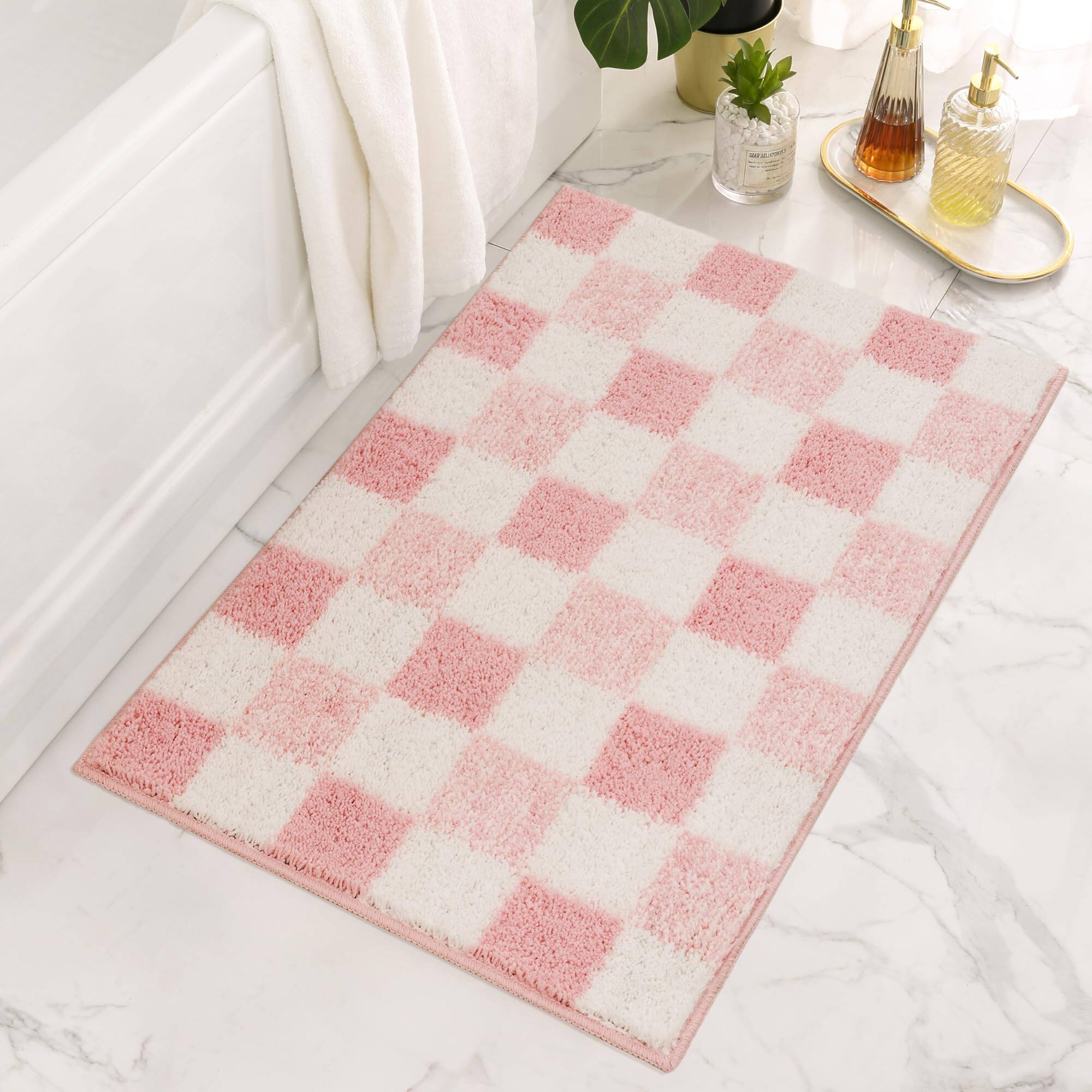 Front. Paradigms Interiors - Checkered Bathroom Rugs 24 X 16 Non-slip Bath Mats For Plush Shag Absorbent Microfiber Ultra Soft Mat Cute Washable Rug - Pink-2' x 3' (Rectangular).