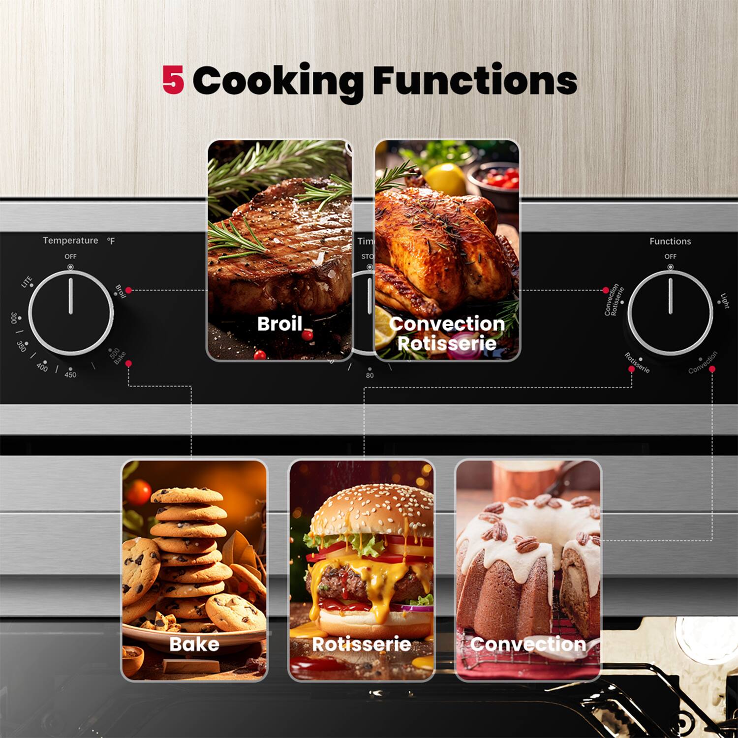 5 Cooking Functions
- Broil
- Convection Rotisserie
- Bake
- Rotisserie
- Convection
