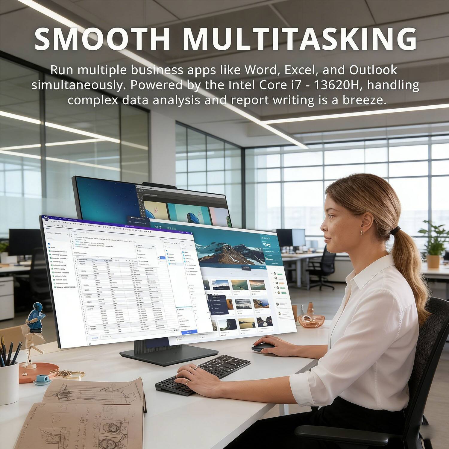SMOOTH MULTITASKING  
Run multiple business apps like Word, Excel, and Outlook simultaneously. Powered by the Intel Core i7 - 13620H, handling complex data analysis and report writing is a breeze.