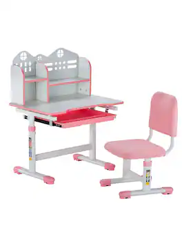 VEVOR - Kids Study Chair and Desk Set, Study Desk and Chair for Kids with Bookshelf and Storage Drawer - Pink