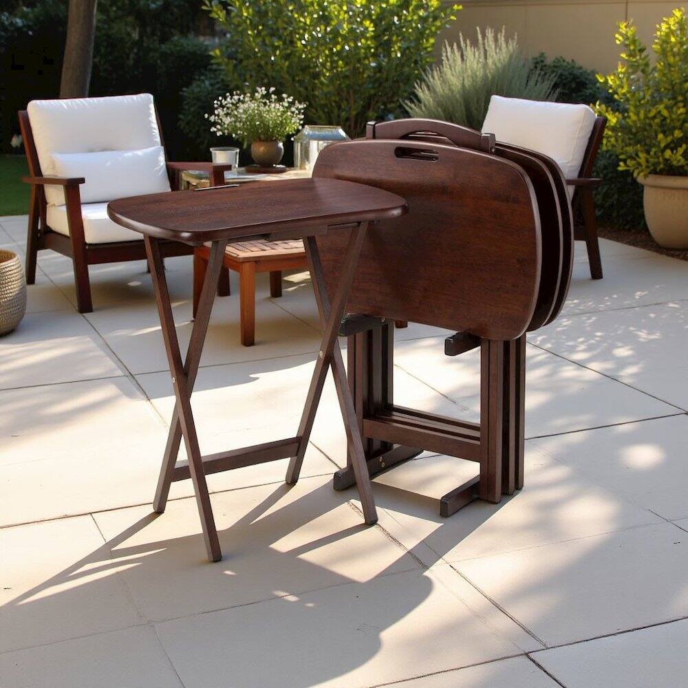 Alt View 4. FurniFact - Walnut Snack Table Set – Folding TV Trays with Stand for Dining & Work - Walnut.