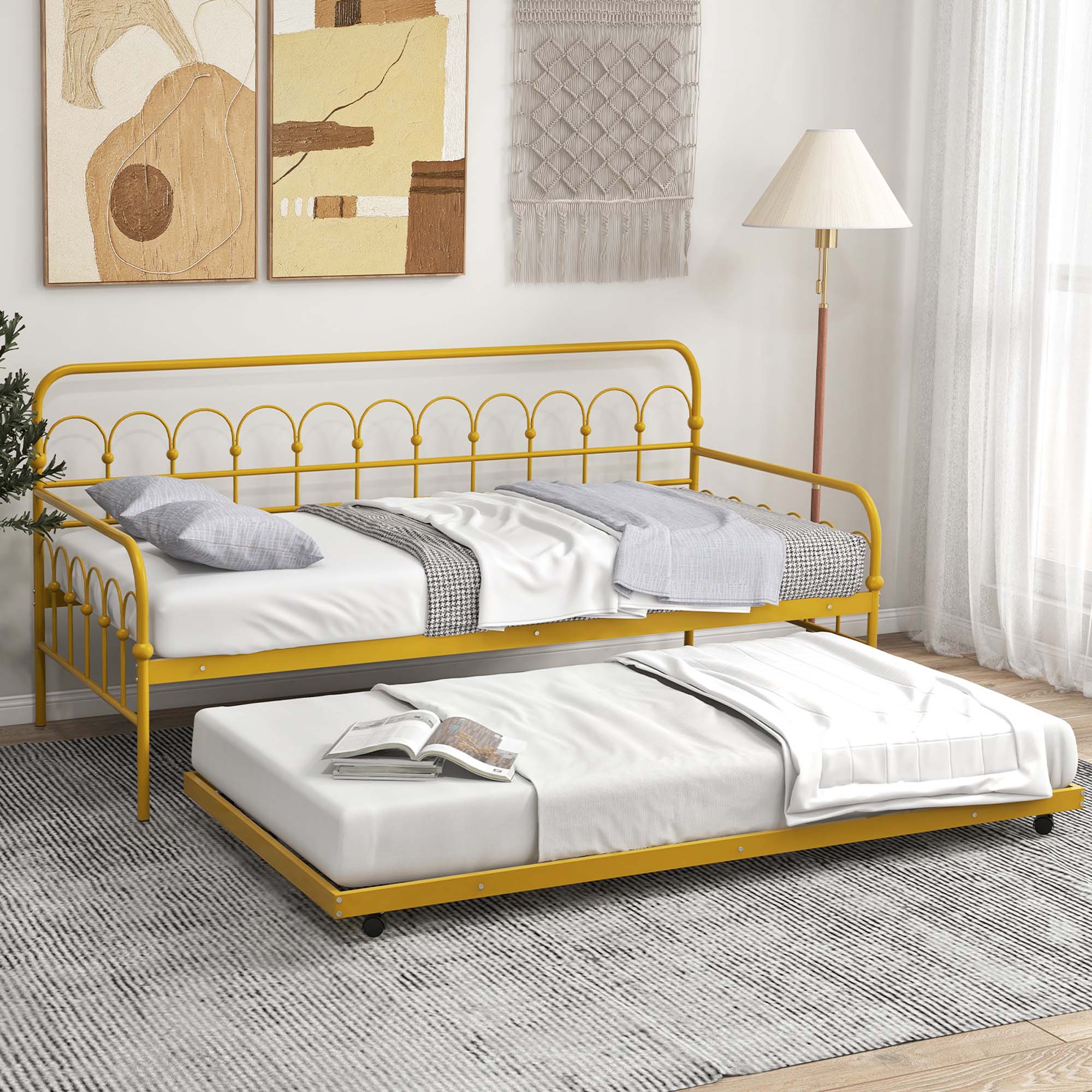 Back. Costway - Costway Twin Size Metal Daybed with Trundle Space-Saving Sofa Bed Lockable Wheels Gold - Golden.
