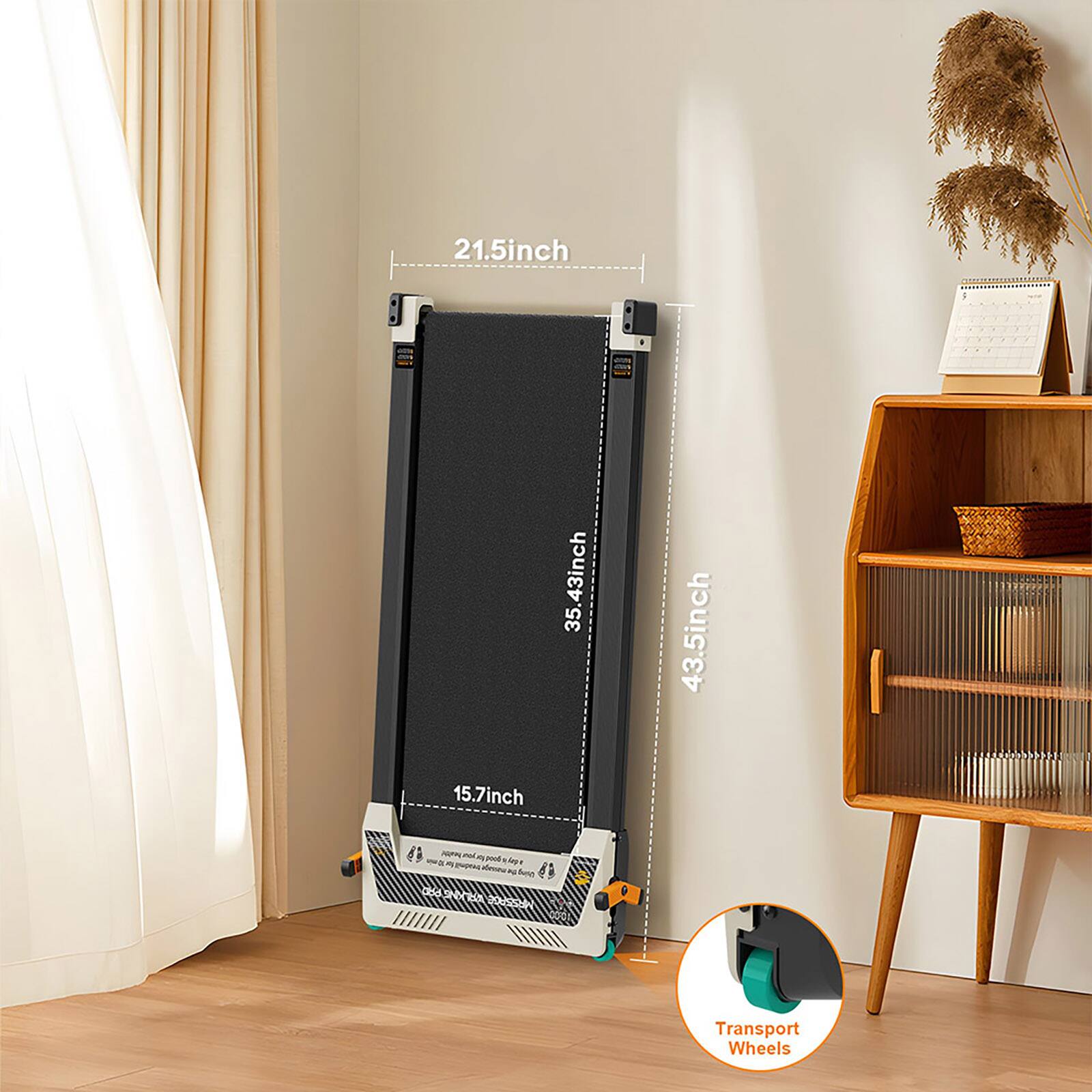 The text on the image reads: "21.5 inch 35.43 inch 35 43.5 inch 15.7 inch Transport Wheels."