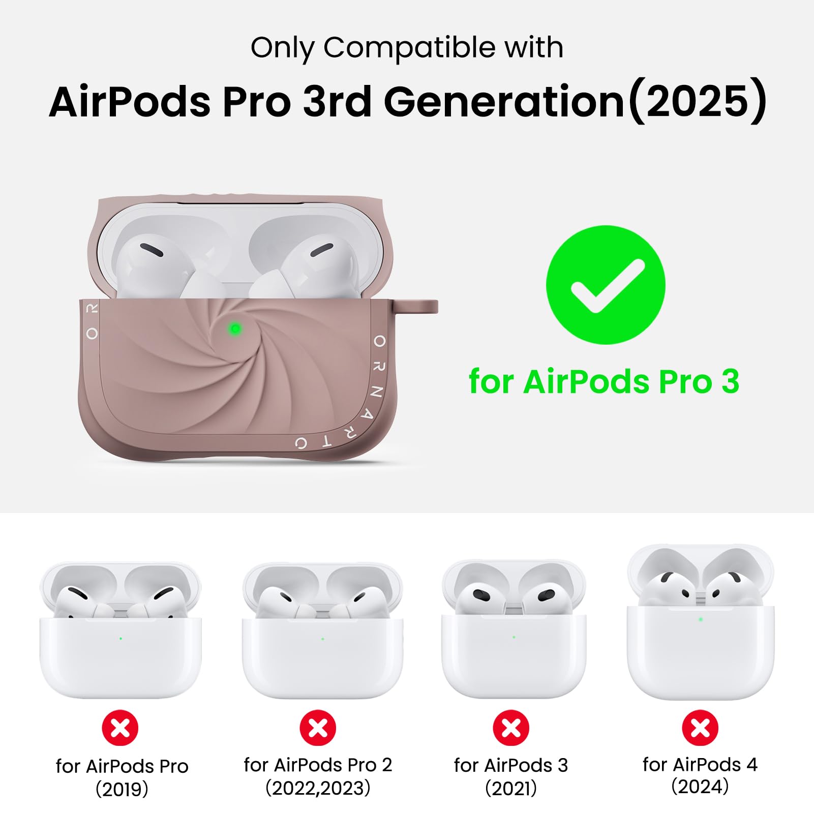 Only Compatible with  
AirPods Pro 3rd Generation (2025)  
for AirPods Pro 3  
for AirPods Pro (2019)  
for AirPods Pro 2 (2022, 2023)  
for AirPods 3 (2021)  
for AirPods 4 (2024)