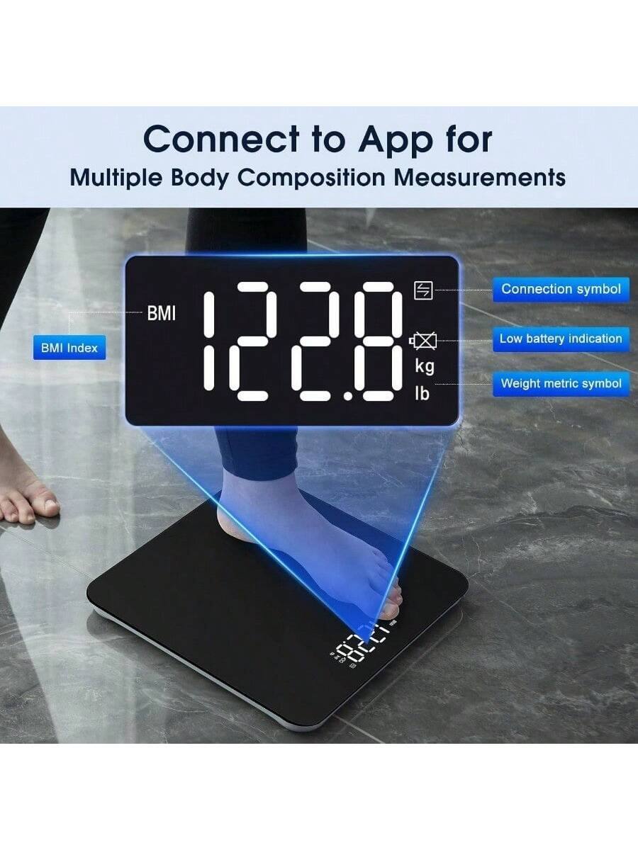 Connect to App for Multiple Body Composition Measurements

- BMI Index
- BMI 122.8
- kg lb
- Connection symbol
- Low battery indication
- Weight metric symbol