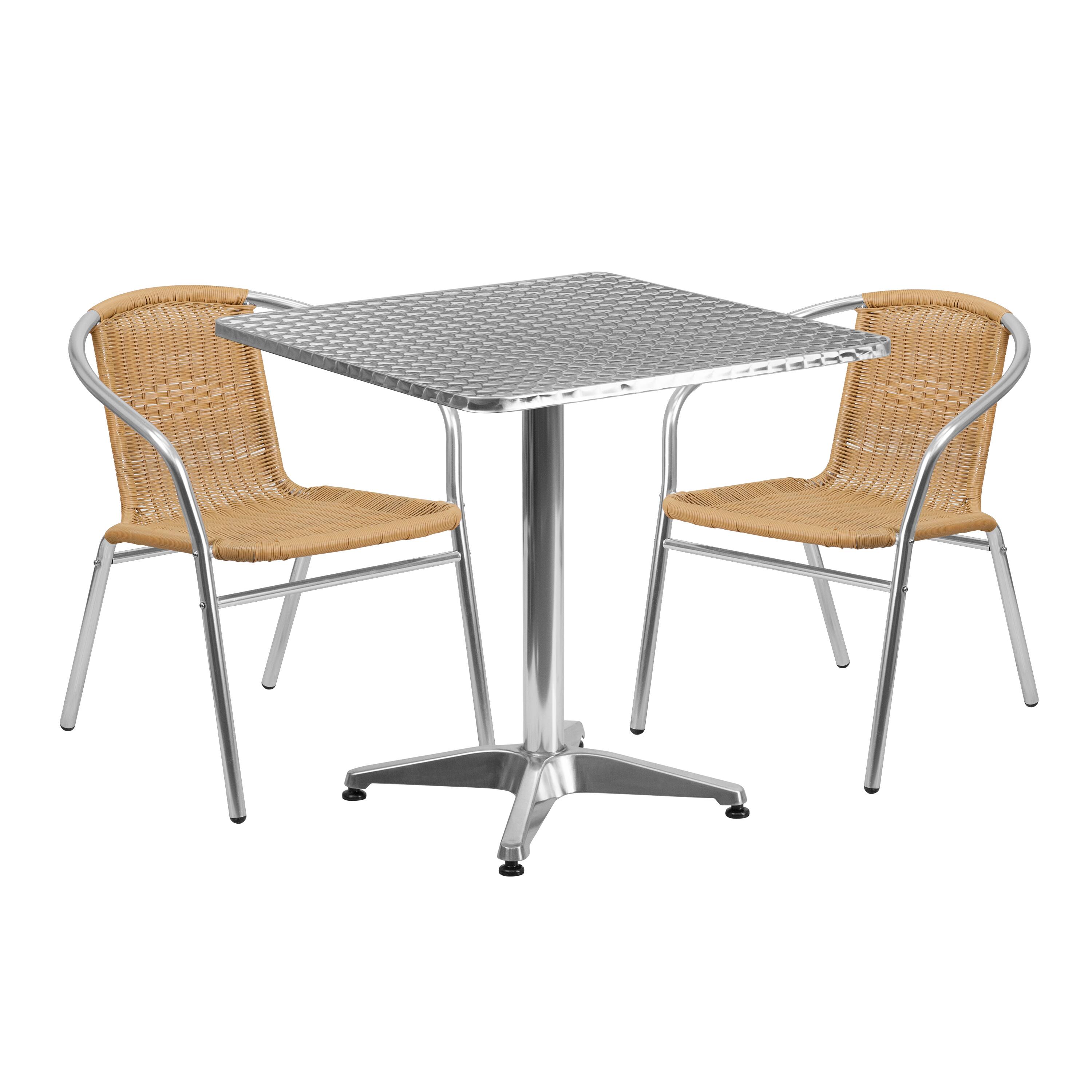 Front. Emma + Oliver - 27.5" Square Aluminum Garden Patio Table Set with 2 Rattan Chairs - Beige.