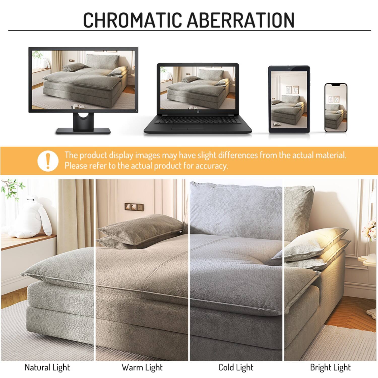 CHROMATIC ABERRATION

The product display images may have slight differences from the actual material. Please refer to the actual product for accuracy.

Natural Light  
Warm Light  
Cold Light  
Bright Light