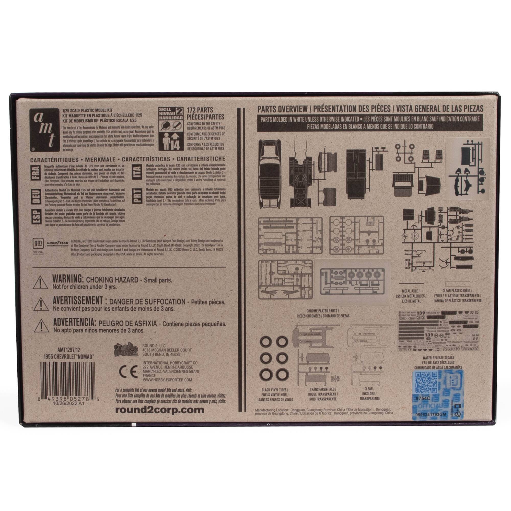 The image features a box with a diagram of a model car, along with a list of parts. The box is labeled with a warning that the small parts inside are not suitable for children under the age of three. The diagram and list of parts provide a visual and textual representation of the model car's components, which can be helpful for assembly and understanding the structure of the car.