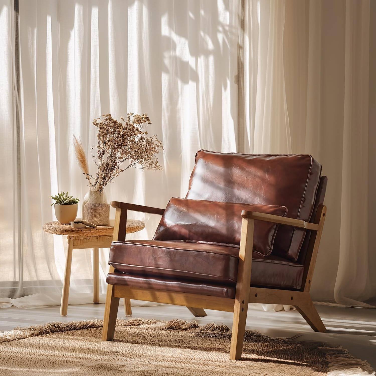 Alt View 8. Winado - Set of 2 Solid Wood Wide Armrests Accent Mid Century Modern Chair,with Pillow,Reading Chair for Living Room,Bedroom - Faux Leather-Espresso.