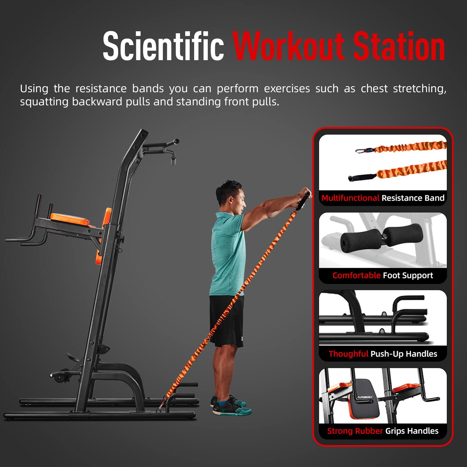 Scientific Workout Station

Using the resistance bands you can perform exercises such as chest stretching, squatting backward pulls and standing front pulls.

- Multifunctional Resistance Band
- Comfortable Foot Support
- Thoughtful Push-Up Handles
- Strong Rubber Grips Handles